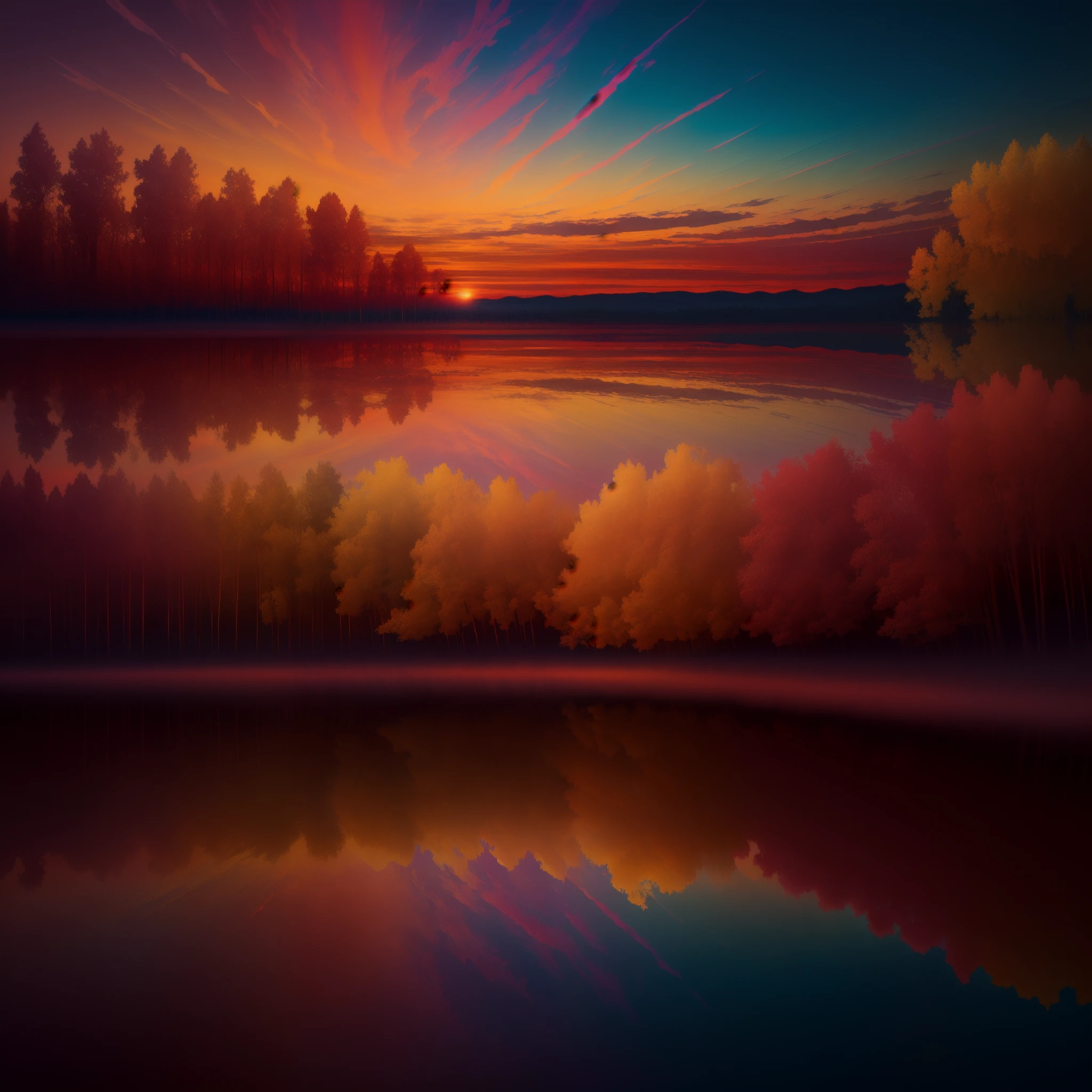"Vibrant, diffused colors of golden yellow, red, and white paint the sky with a mesmerizing glow. Embrace the colorful sunlight."there is a beautiful sunset with a lake and trees in the background, colorful skies, surreal colors, colorful sunset, colorful sky, marvellous reflection of the sky, stunning sky, dream like atmosphere 8k, colorful clouds, colors reflecting on lake, surreal sky, red and blue reflections, fire reflection, beautiful sky, beautiful and spectacular dusk, beautiful dreamy landscape, amazing sky. Diffused colour paints