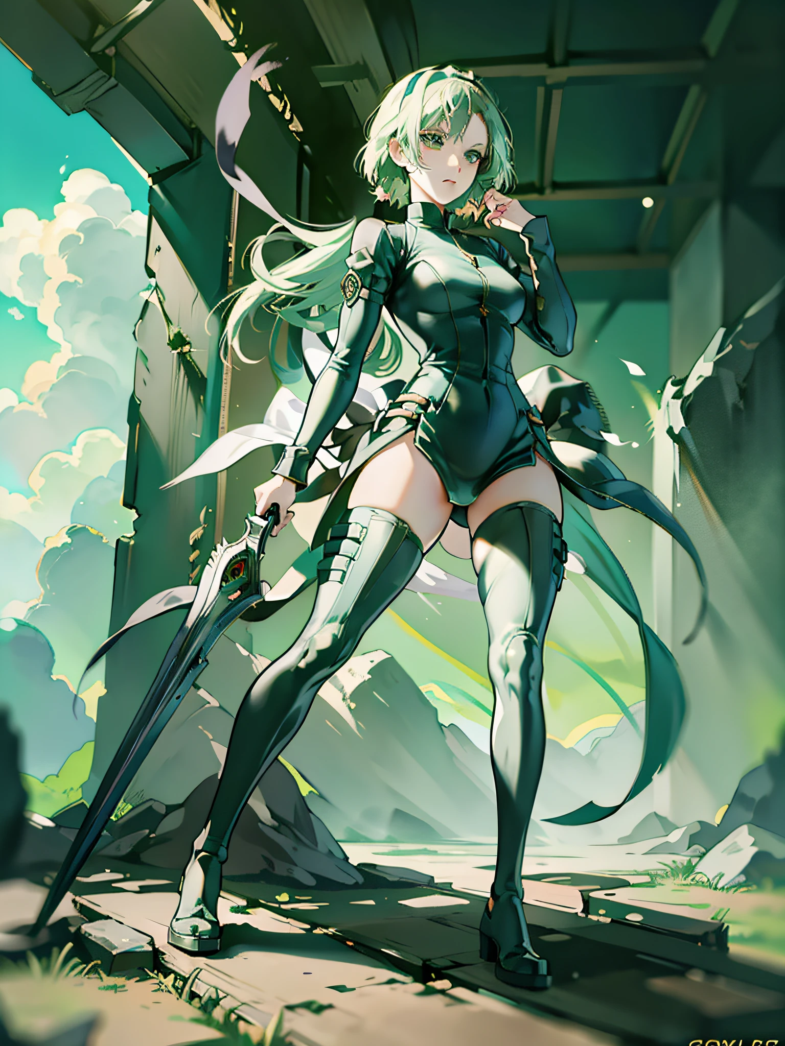 'Claymore, Claire, anime, full body, moving mode, short green hair, green eyes, trending on artstation, deviantart, concept art, trending on artstation, digital painting, digital illustration, extreme detail, digital art, 4k, ultra hd, in Hueco Mondo.'