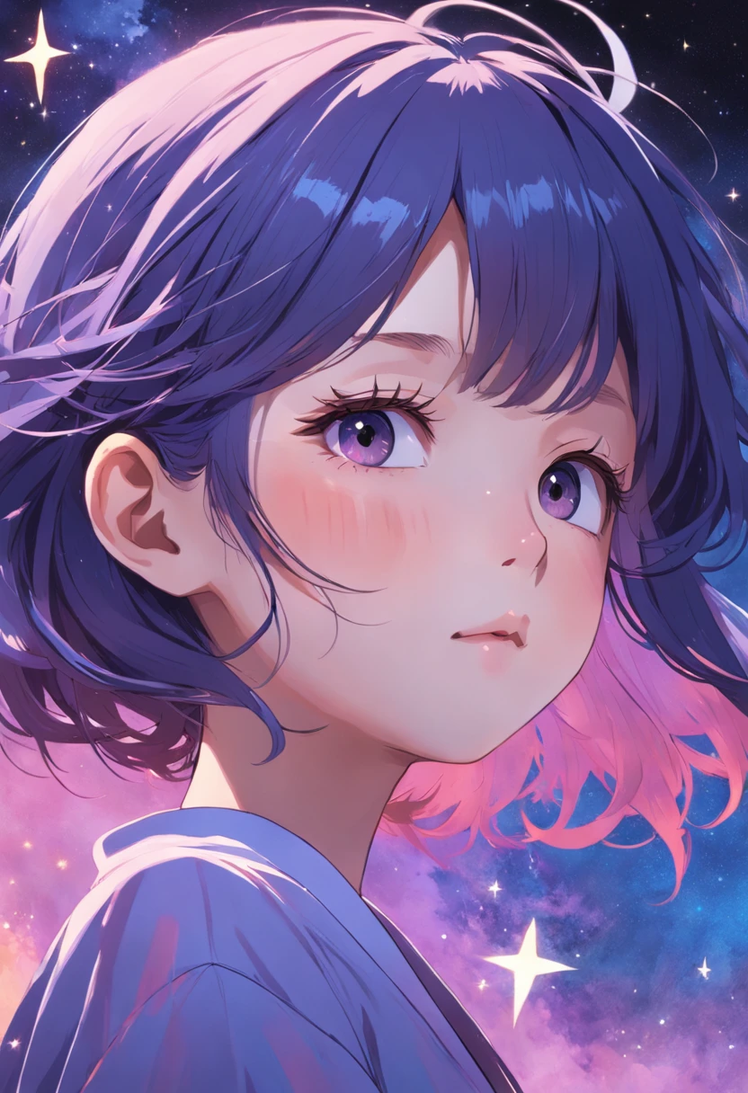 Half of the face of a Korean girl, Features realistic stroke styles and pastel colors using a purple and blue palette, With cosmos as a background and stars.