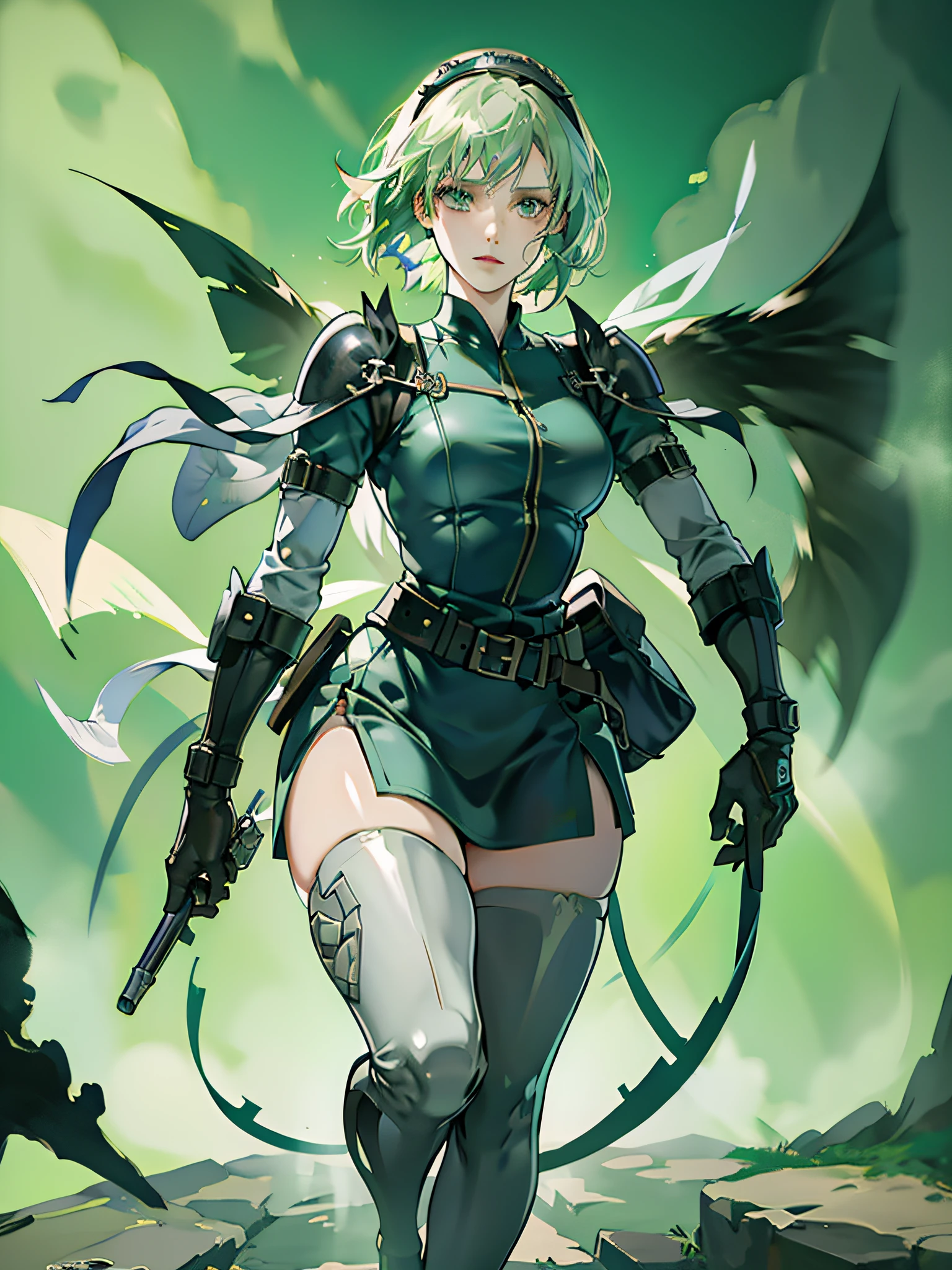'Bleach, Nel Has (3 sword), full body, moving mode, green and pink hair, blue eyes, trending on artstation, deviantart, concept art, trending on artstation, digital painting, digital illustration, extreme detail, digital art, 4k, ultra hd, in Hueco Mondo.'