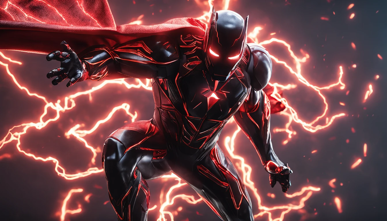 An intricate carbon and gold Superhero in a cyber-suit, levitating in the air, extravagant carbon black silk Cape, no helmet, has long hair and a beard lasers red eyes, his super powers are strength and flight and can shoot lightning out of his hands, surrounded by red lightning, extremely detailed suit, micro-details, photo-realism, one light, dark photo, deep shadows, shallow depth of field, photo-realistic, Surrealism, high quality, masterpiece, 8k, 8k, super detail, full body portrait, extremely muscular, no mask, (T Logo on chest)