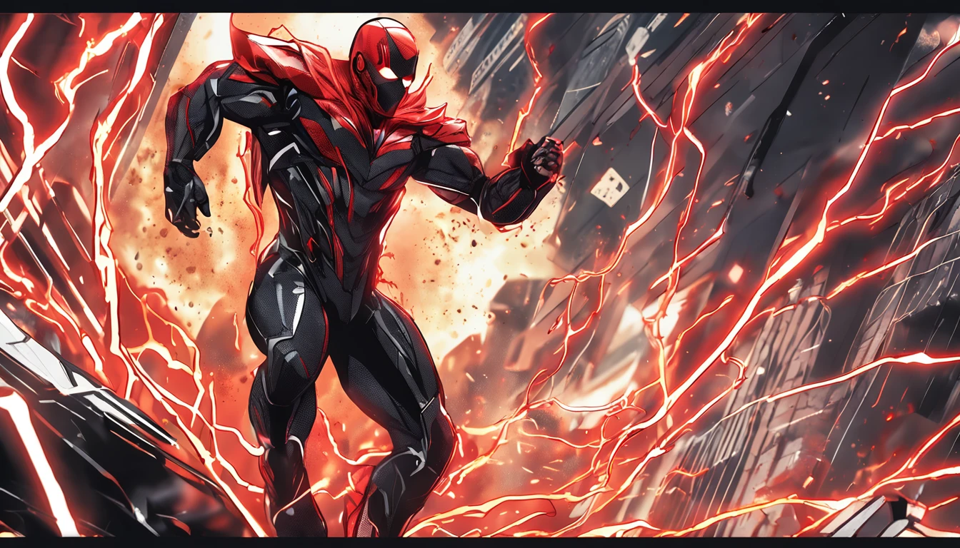 An intricate carbon and gold Superhero in a cyber-suit, levitating in the air, extravagant carbon black silk Cape, no helmet, has long hair and a beard lasers red eyes, his super powers are strength and flight and can shoot lightning out of his hands, surrounded by red lightning, extremely detailed suit, micro-details, photo-realism, one light, dark photo, deep shadows, shallow depth of field, photo-realistic, Surrealism, high quality, masterpiece, 8k, 8k, super detail, full body portrait, extremely muscular, no mask, (T Logo on chest)