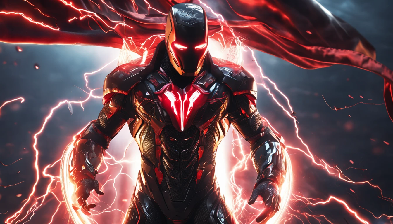 An intricate carbon and gold Superhero in a cyber-suit, levitating in the air, extravagant carbon black silk Cape, no helmet, has long hair and a beard lasers red eyes, his super powers are strength and flight and can shoot lightning out of his hands, surrounded by red lightning, extremely detailed suit, micro-details, photo-realism, one light, dark photo, deep shadows, shallow depth of field, photo-realistic, Surrealism, high quality, masterpiece, 8k, 8k, super detail, full body portrait, extremely muscular, no mask, (T Logo on chest)