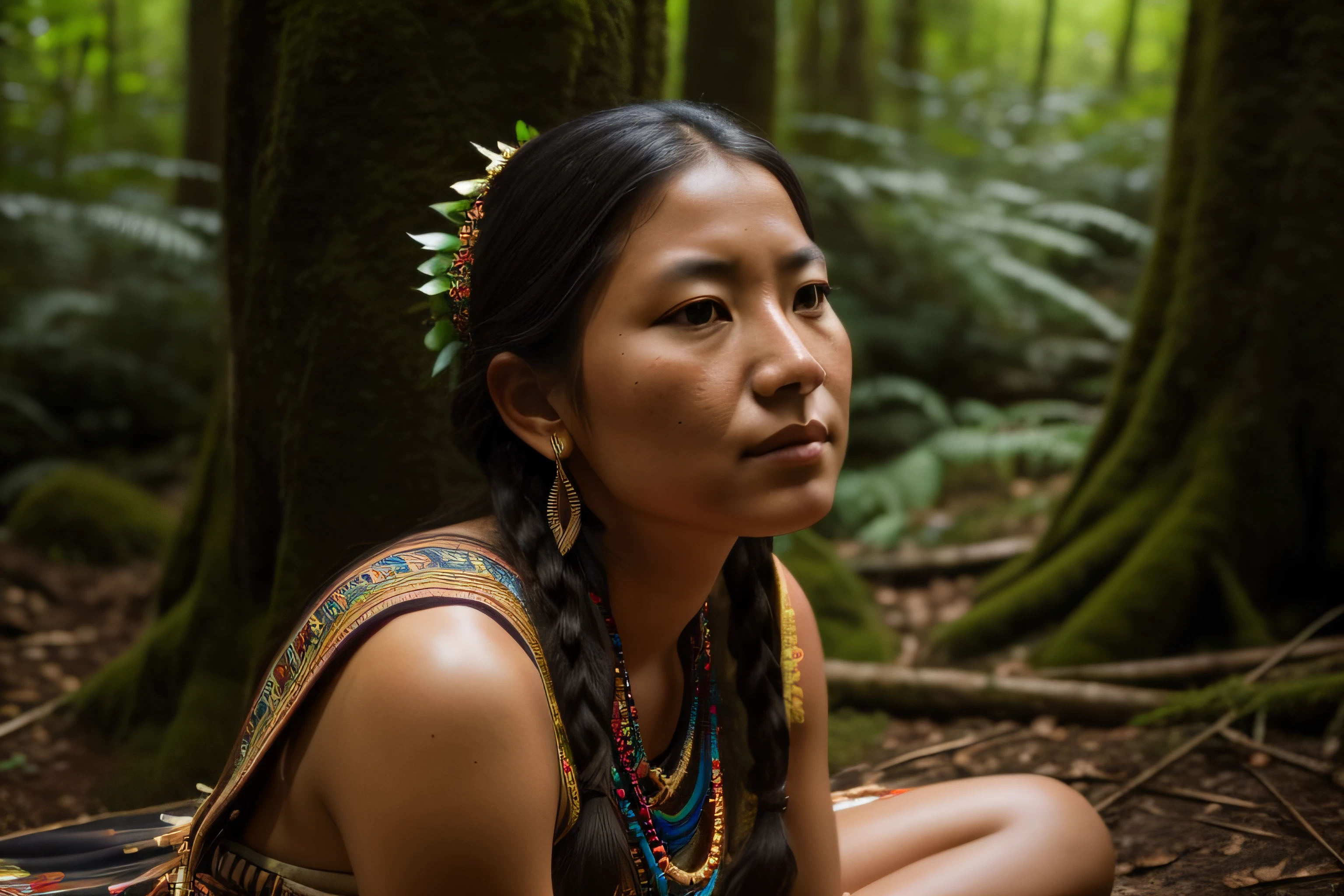 "An afared native woman wearing a traditional dress, sitting in a lush forest. She has a highly detailed and perfect face. The view is dynamic, with a low-angle perspective and frontal lighting, emphasizing the high level of detail."