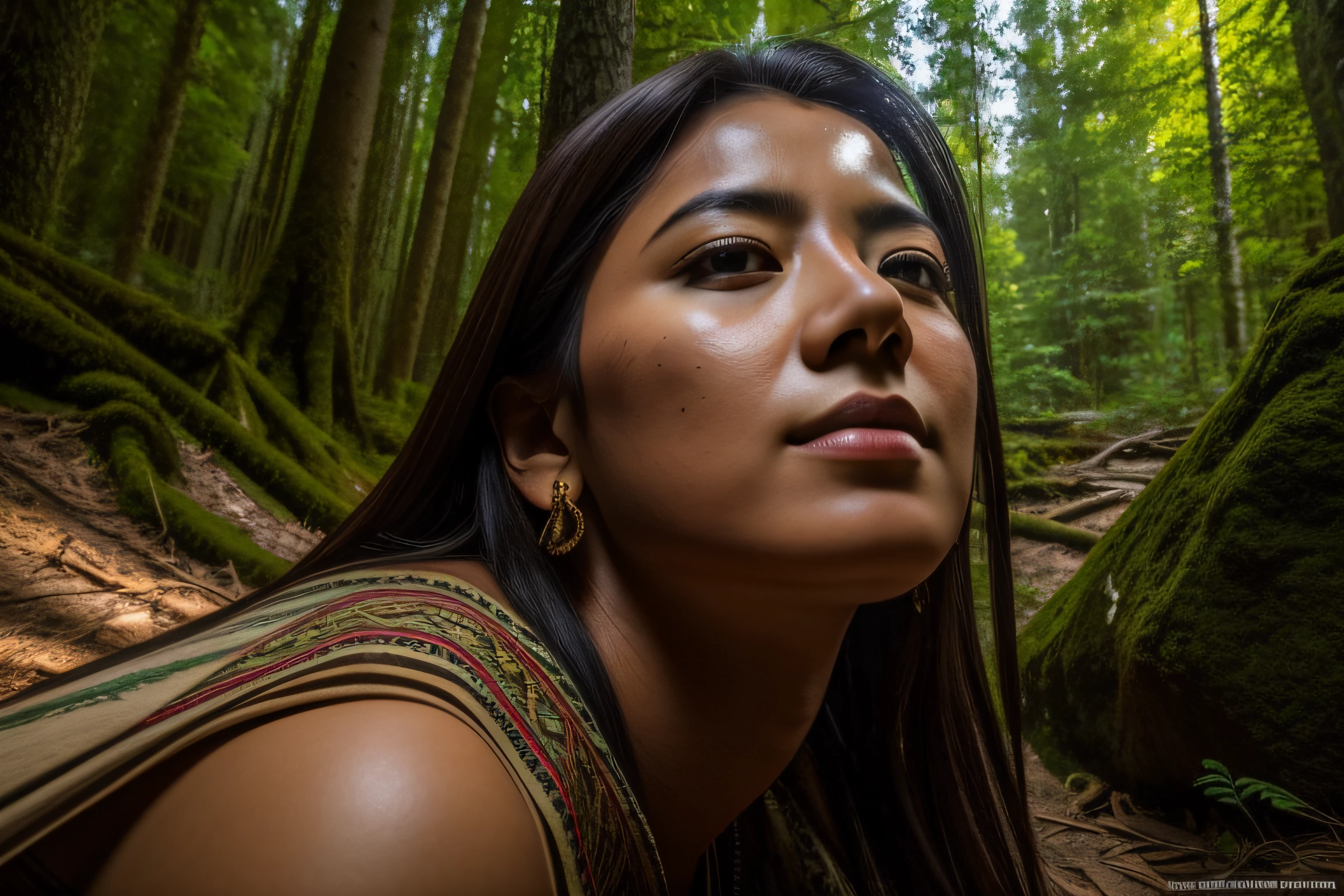 " distan squat native woman with typical dress in lush forest (very high detailed face) (perfect face), dynamic low-angle view with frontal lighting, high level of detail"