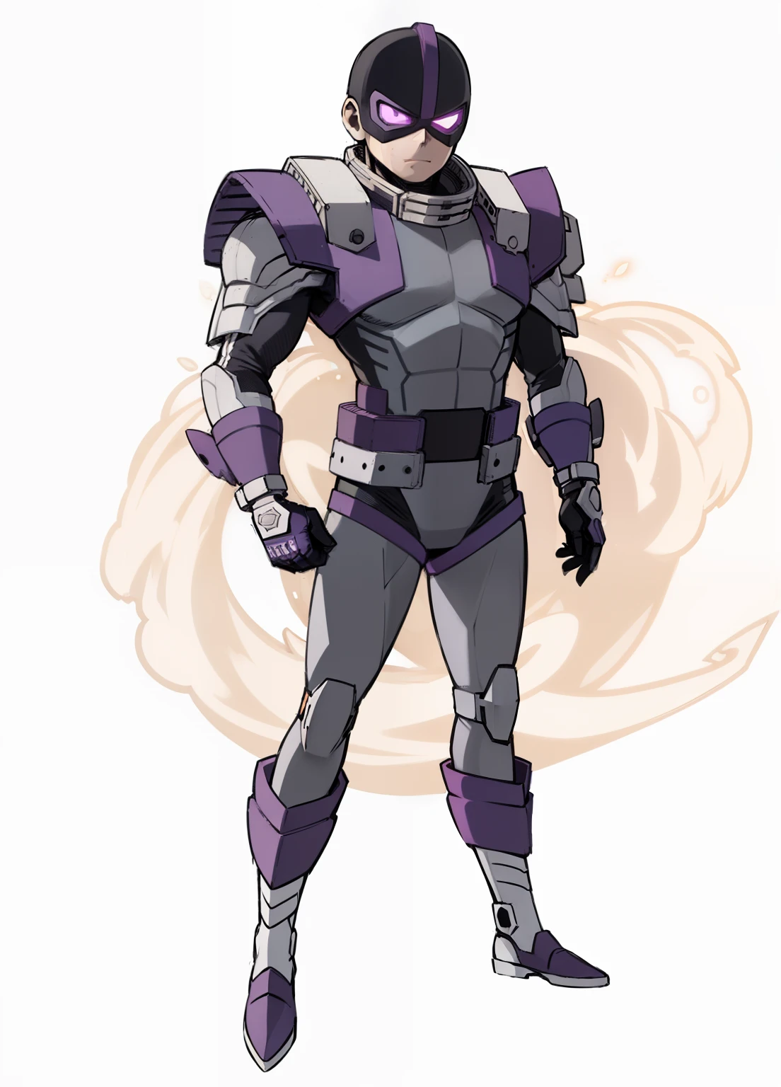 My Hero Academia style, anime boy, male, young male, trending on artstation pixiv, (full body shot:0.5), head covering, helmet, face covering, mask, hero suit, full body suit, black suit with silver metal and purple metal accents, Perfect Anatomy, Super Detailed