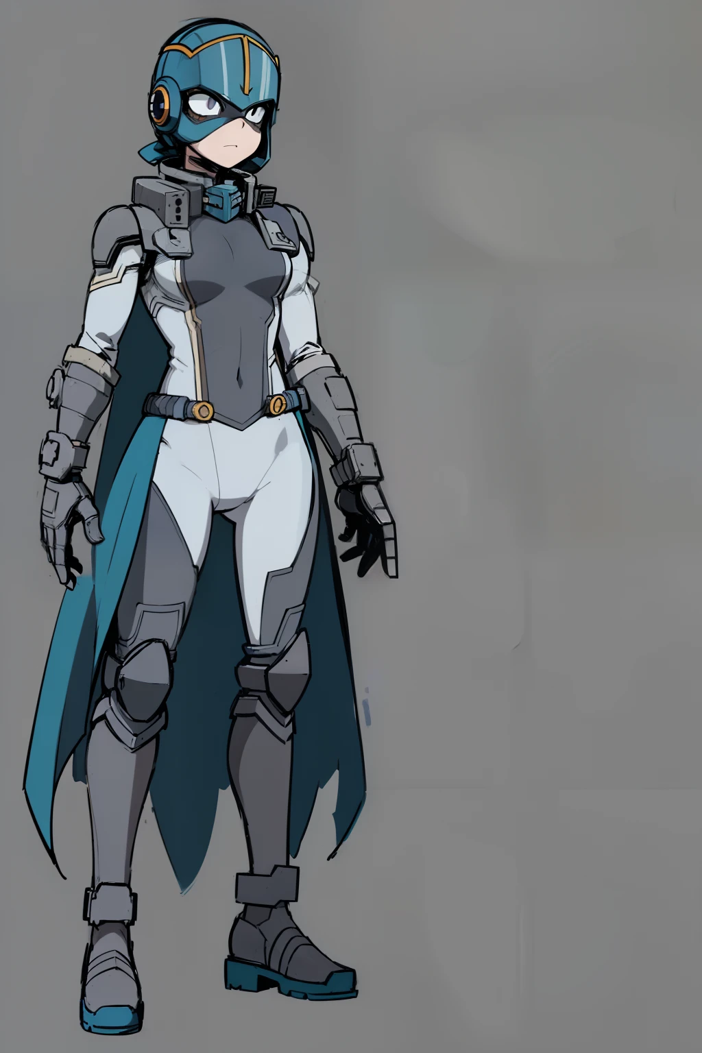 My Hero Academia style, anime Girl, female, trending on artstation pixiv, (full body shot: 0.5), wide hips, wide thighs, large breast, Head covering, helmet, face covering, mask, Hero costume, full body costume, white costume with blue and gray details, Blue cape, super detailed, Perfect anatomy,