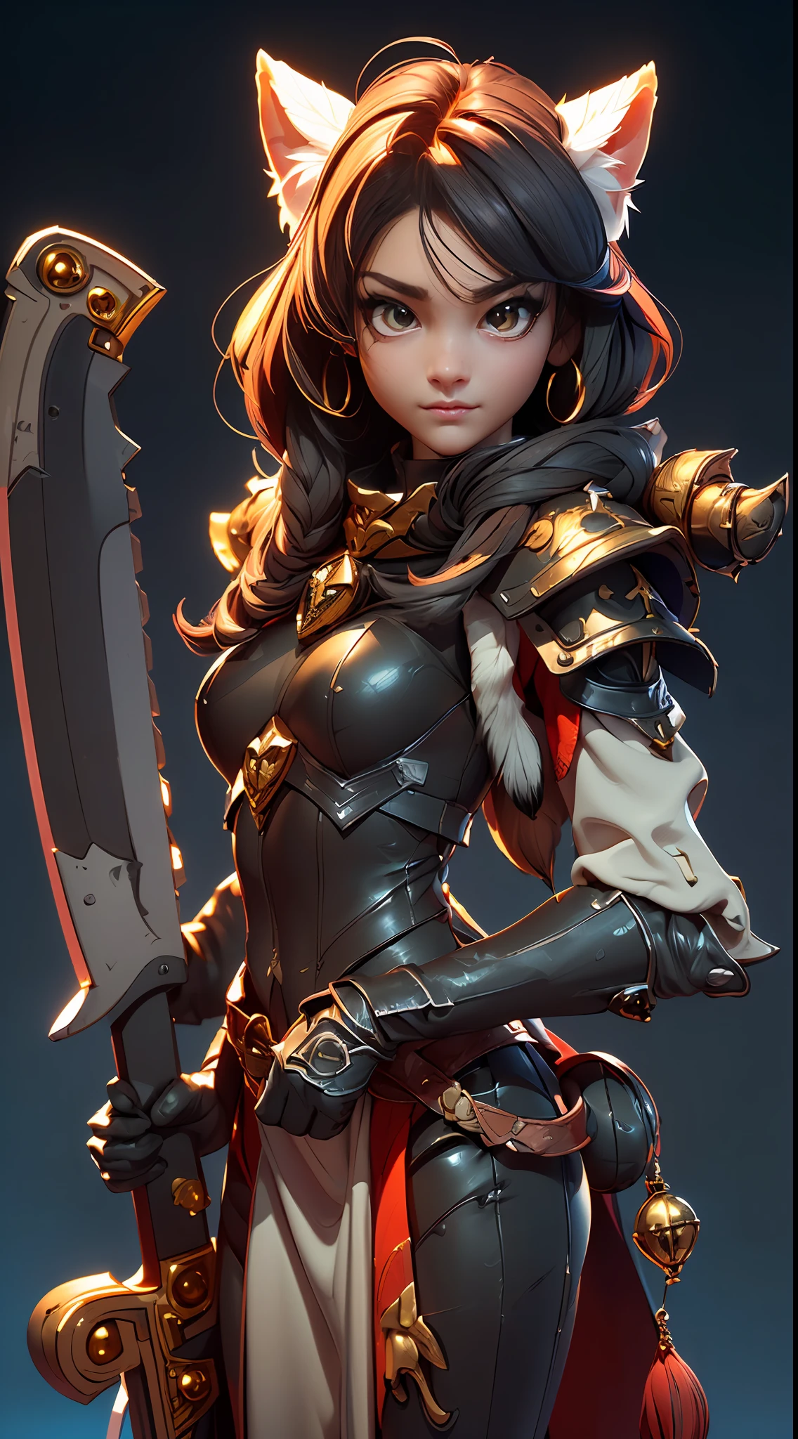 Wide-angle panorama，(Beautiful woman face:1.5), (Cute image standing all over the body:1.5), (Cat-like furry body and cat's paws:1.5), (Holding a heavy sword in his hand:1.2), (A plump chest), ( anime styled 3d:1.5), Metal armor skirt, Metal armor underwear, (Hairy limbs:1.45), (Very long, Fluffy fox tail:1.45), (Extremely detailed CG Unity 16k wallpaper:1.3), Dynamic Angle, the golden ratio, (tmasterpiece:1.37), (Detailed:1.15), Cinematic light, Side lighting, hdr, Perfect iris, (applause), Lifelike texture, （realisticlying：1.37）, (ssmile:1.1), Ray tracing, hyper HD, (Best quality:1.13)