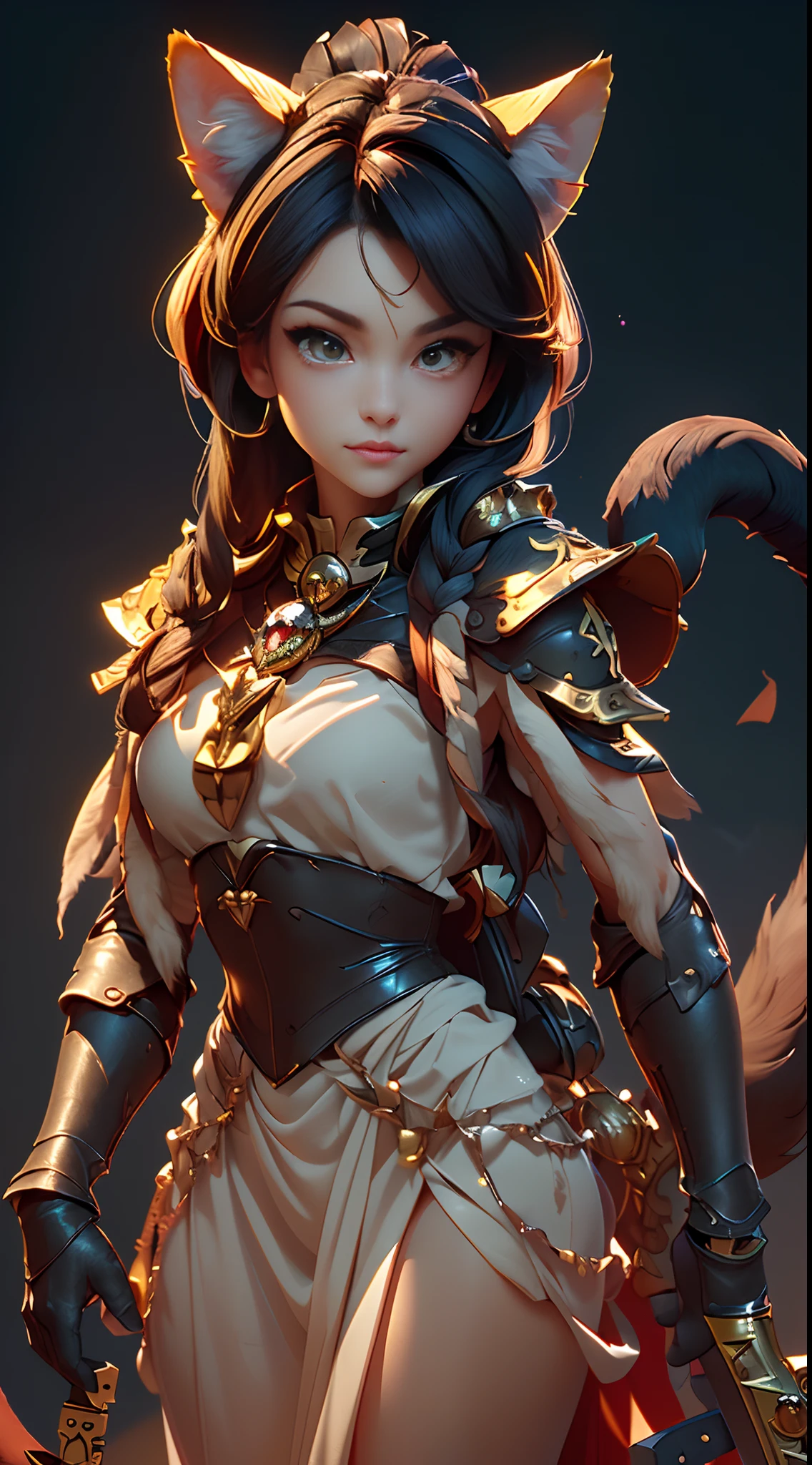 Wide-angle panorama，(Beautiful woman face:1.5), (Cute image standing all over the body:1.5), (Cat-like furry body and cat's paws:1.5), (Holding a heavy sword in his hand:1.2), (A plump chest), ( anime styled 3d:1.5), Metal armor skirt, Metal armor underwear, (Hairy limbs:1.45), (Very long, Fluffy fox tail:1.45), (Extremely detailed CG Unity 16k wallpaper:1.3), Dynamic Angle, the golden ratio, (tmasterpiece:1.37), (Detailed:1.15), Cinematic light, Side lighting, hdr, Perfect iris, (applause), Lifelike texture, （realisticlying：1.37）, (ssmile:1.1), Ray tracing, hyper HD, (Best quality:1.13)