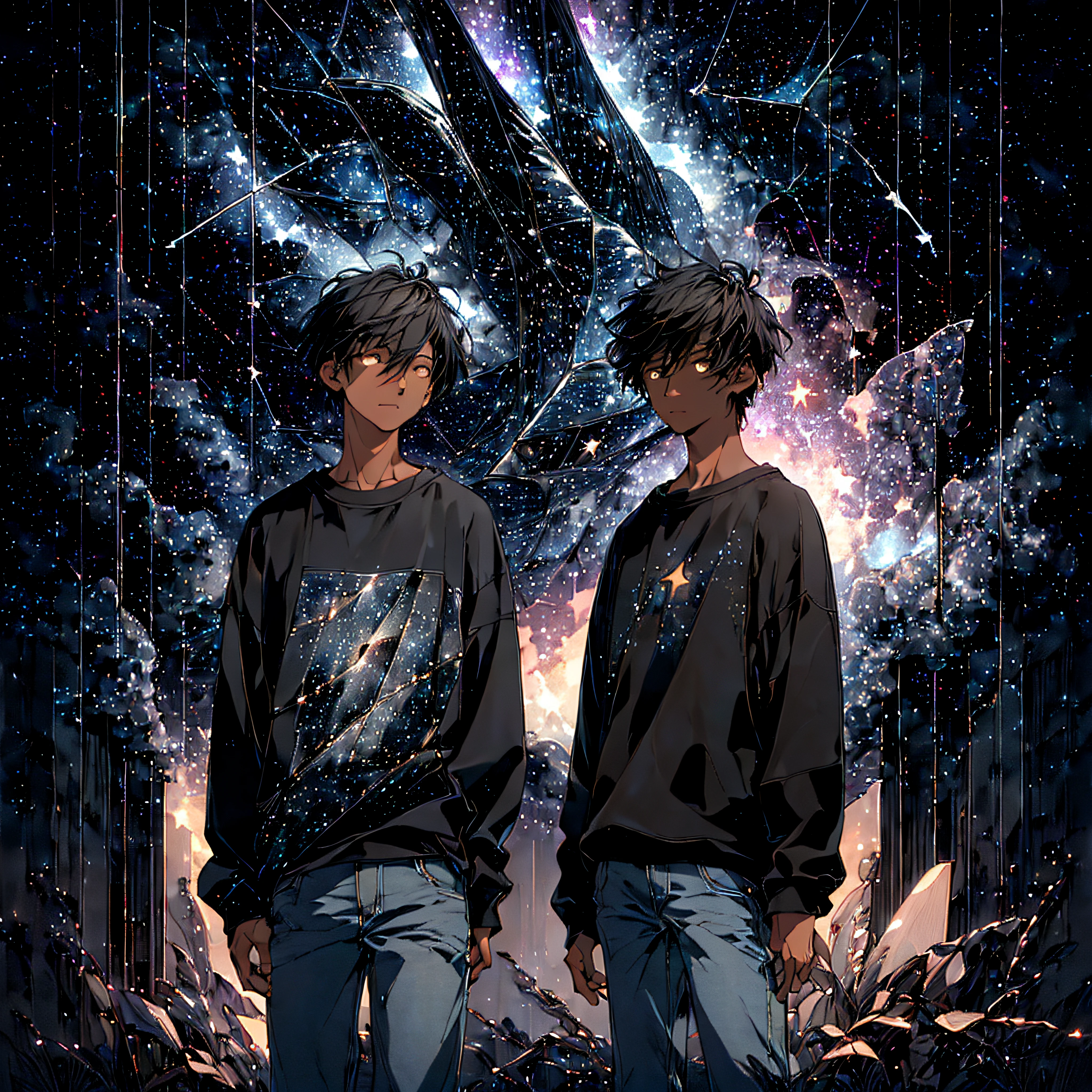 a young man admiring, jeans, sweatshirt, (dark sky with clouds and stars:1.3), particles in the air, ray of god, detailed, masterpiece, high resolution, best quality, HD detail, hyper-detail, cinematic, surrealism, soft light, ray tracing and surrealism, star comets.