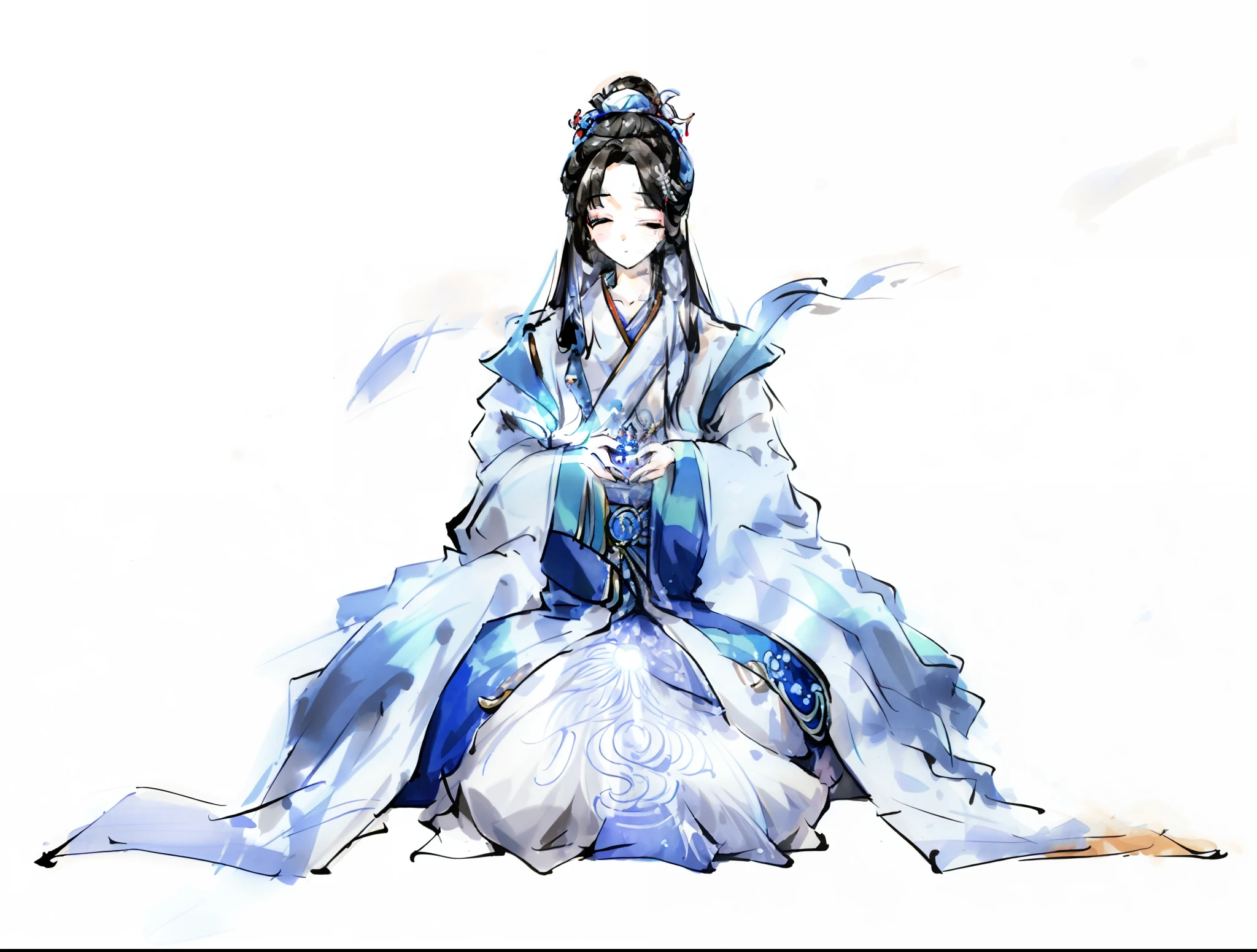 A woman in a white dress sits at a white table, inspired by Ju Lian, Onmyoji detailed art, onmyoji, onmyoji portrait, maya fey from ace attorney, Taoist, inspired by Lü Ji, made with anime painter studio, Inspired by Cao Zhibai, full-body xianxia, drawn in anime painter studio, Style drawing of a woman in blue trimmed white dress, lunar themed attire, Onmyoji detailed art, full-body xianxia, an ancient Chinese goddess, onmyoji, flowing magical robe, Flowing white robe, astral witch clothes, inspired by Li Mei-shu, spirit fantasy concept art, Anime goddess, beautiful full-body concept art