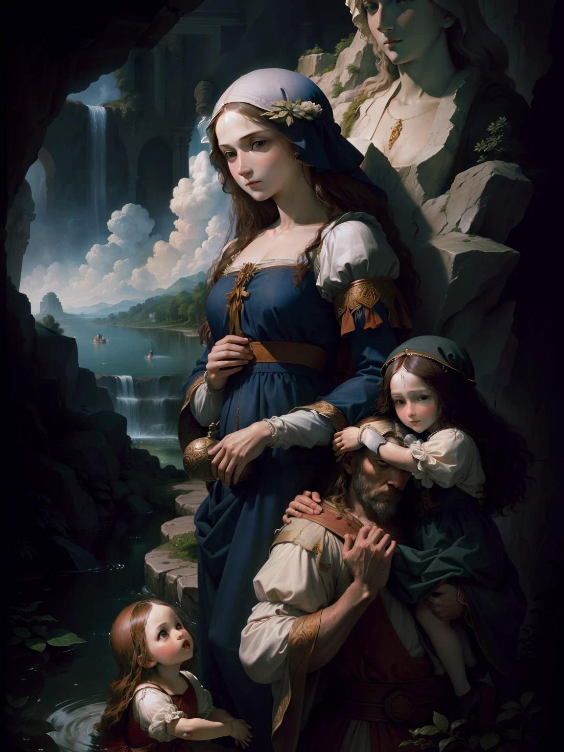 Leonardo Da Vinci water and stone, Madonna and child, deluge, gardens, and artist technique, 64k resolution, photorealism, hyper detail, artistic perfection