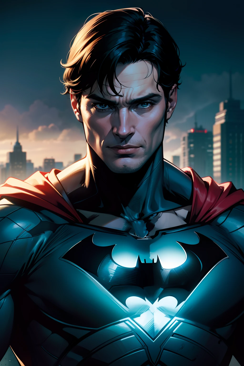 Superman usando um terno azul escuro de corte de Snyder, Holding Batman's neck, Brainiac domain: the world in the background, altamente detalhado, Paleta de cores de corte do Snyder, foco nítido, 8k,
