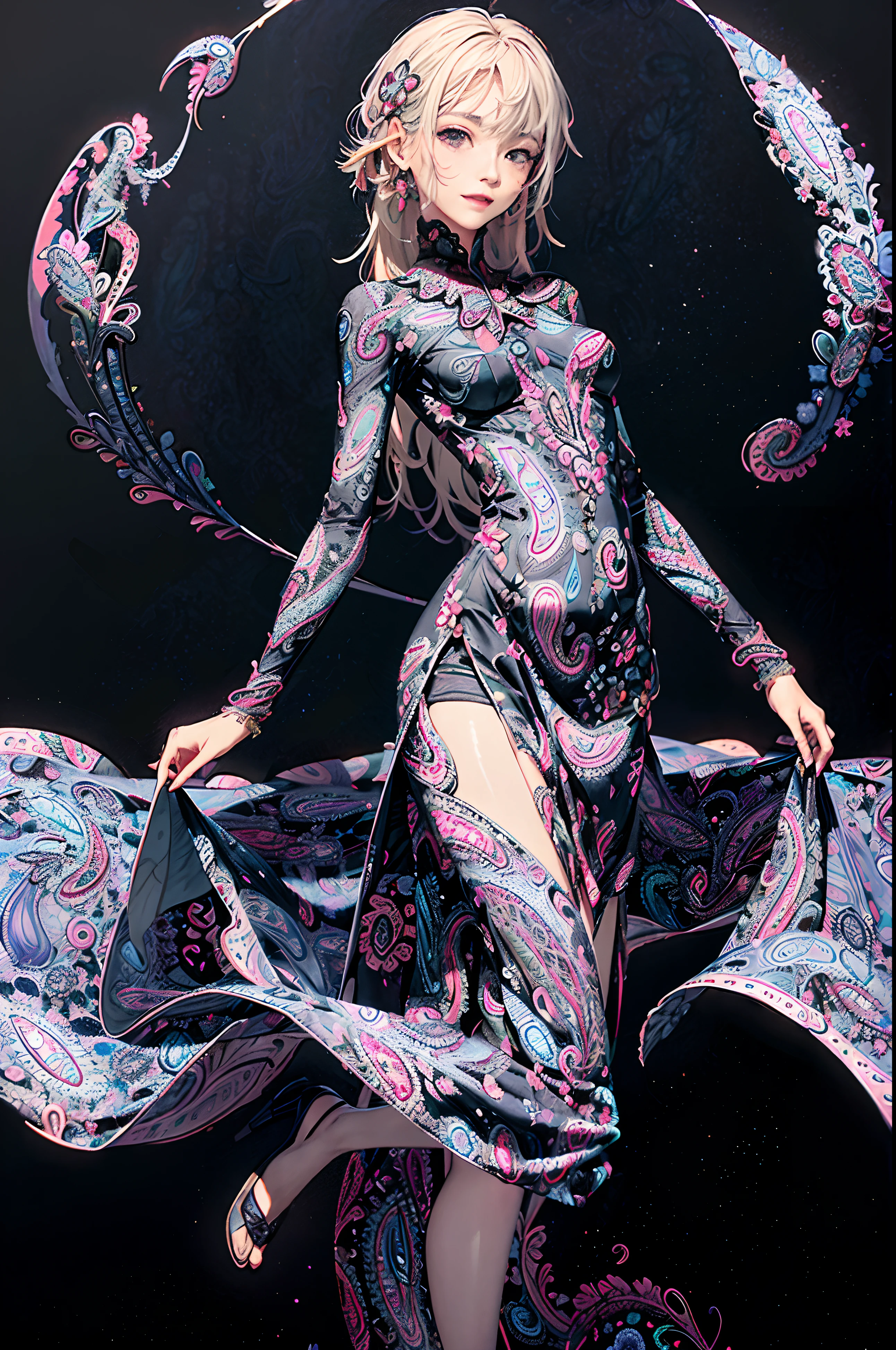 Drawing of a woman in a dress with a long skirt, blonde girl in a cosmic dress, psychedelic goddess, fractal dress, karol bak uhd, style of karol bak, ornate dress, ornate flowing robe, Wearing a psychedelic Wiccan, complex dress, Psychedelic colorization, flowing magic robe, 70s psychedelic style, Futuristic psychedelic hippies, flowing realistic fabric