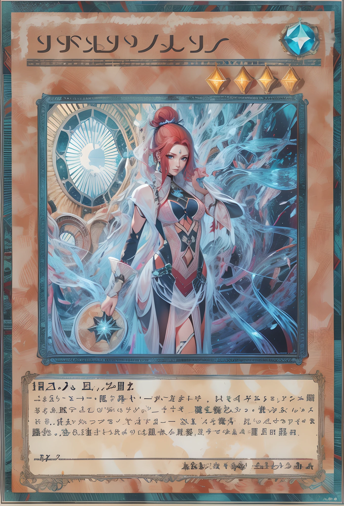 Drawn as a raw graphic,Red-haired mature female,hair-bun,The crystal frame is broken