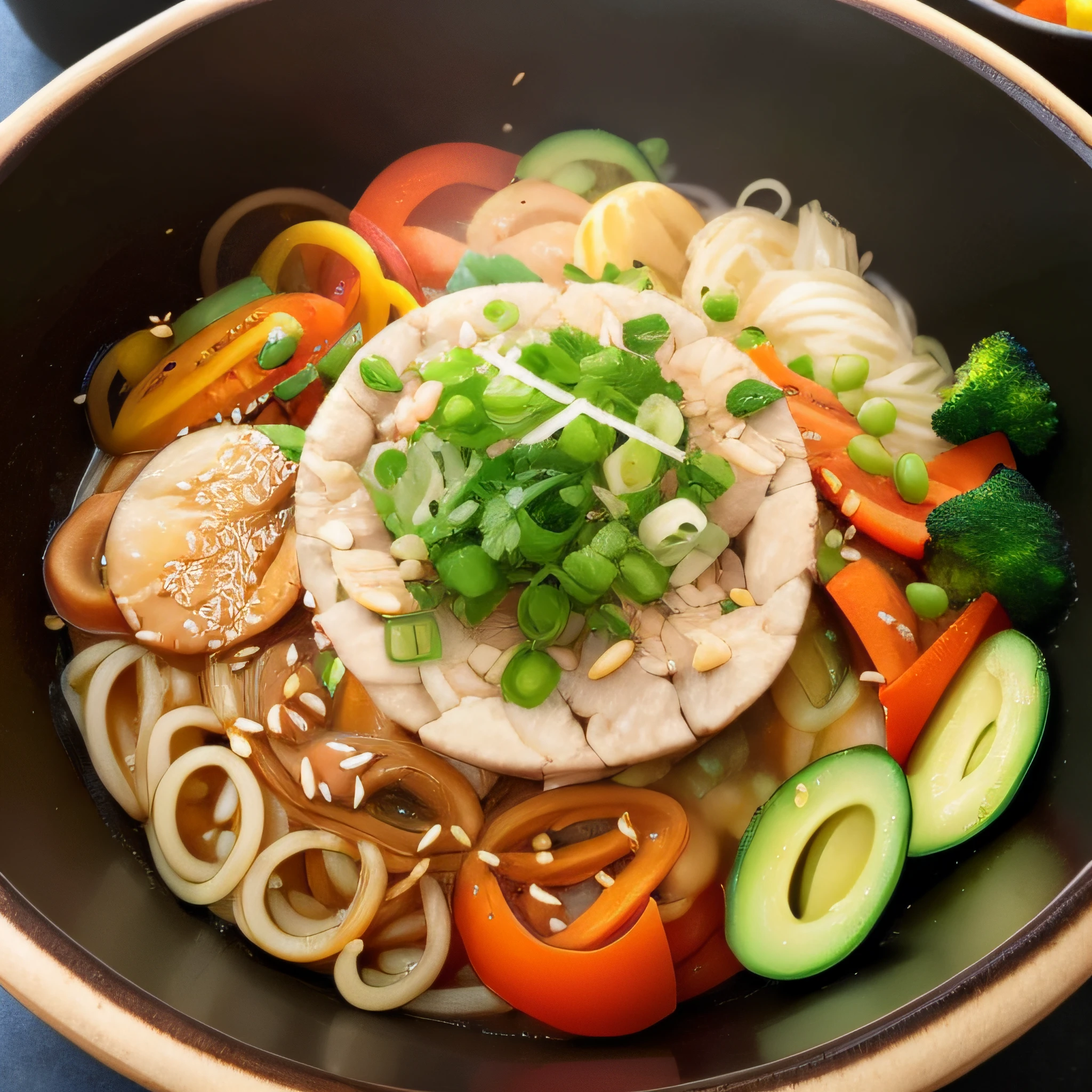 A steaming bowl of Asian noodles, Garnish with colorful vegetables and herbs.