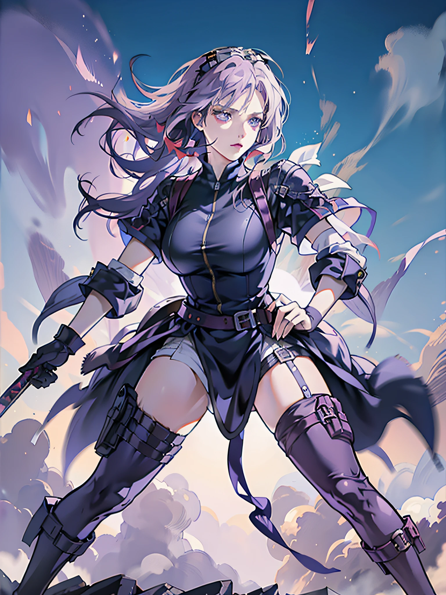 'Claymore, Claire, anime, full body, moving mode, short purple hair, purple eyes, trending on artstation, deviantart, concept art, trending on artstation, digital painting, digital illustration, extreme detail, digital art, 4k, ultra hd, in Hueco Mondo.'