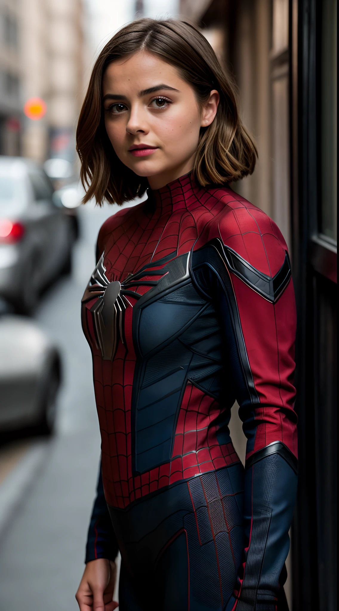 RAW photo, jenna coleman as spider-man, (high detailed skin:1.2), 8k uhd, dslr, soft lighting, high quality, film grain, Fujifilm XT3