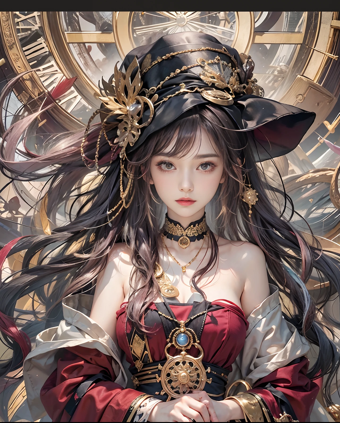 Official art、Wizard of Time、Use Time Magic to travel through time and space、The background is reminiscent of the passage of time、Beautiful woman in black robe with open chest、PerfectNwsjMajic,(masterpiece、top-quality、top-quality、Official art、Beautifully Aesthetic:1.2)、(1girl in)、ighly detailed、colourfull、highestdetailed、Official art、Unity 8k壁纸、ultra-detailliert、Beautifully Aesthetic、Beautiful face in detail、masterpiece、top-quality、(Zentangle、a Mandala、Tangles、Entanglement)、Holy Light、pure、There are also resilient messages, Overcoming and hope. Breasts are small and B size、A slender、The chest is open、Eyes are double(A detailed eye), Beautifully detailed、Hair that flutters in the wind、Maroon Gradient Hair Color、the tips of the hair are red、high-heels、Gold Anklet、Large dial background、Beautiful girl walking on big dial、Finish like a photo、