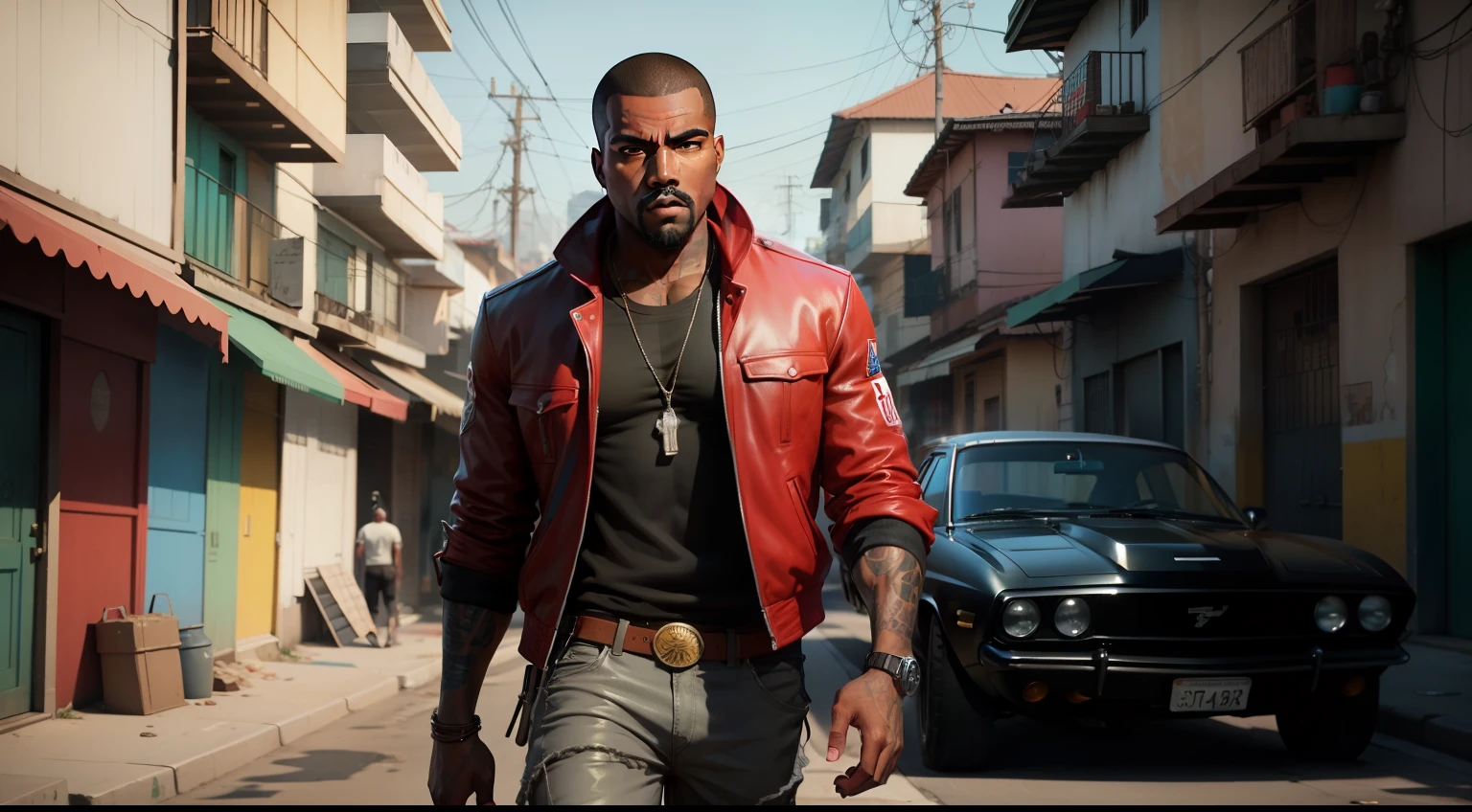 there is a man, gta personagem, Como o protagonista de GTA 5, gta v estilo, como um personagem gtav, Kanye West em GTA v, em gta v, gta5 estilo, gta v personagem, empunhando fuzil de assalto, Snoop Dogg em GTA V, gta 5 tom de pele negra, em GTA v, jaqueta vermelha,Fuzil AK-47, Fundo da favela do estilo brasileiro, e o personagem de cabelos vermelhos,Favela no Brasil, carro preto Dodge Challenger preto ,with Ak-47 rifle in hand, rifle in hands.