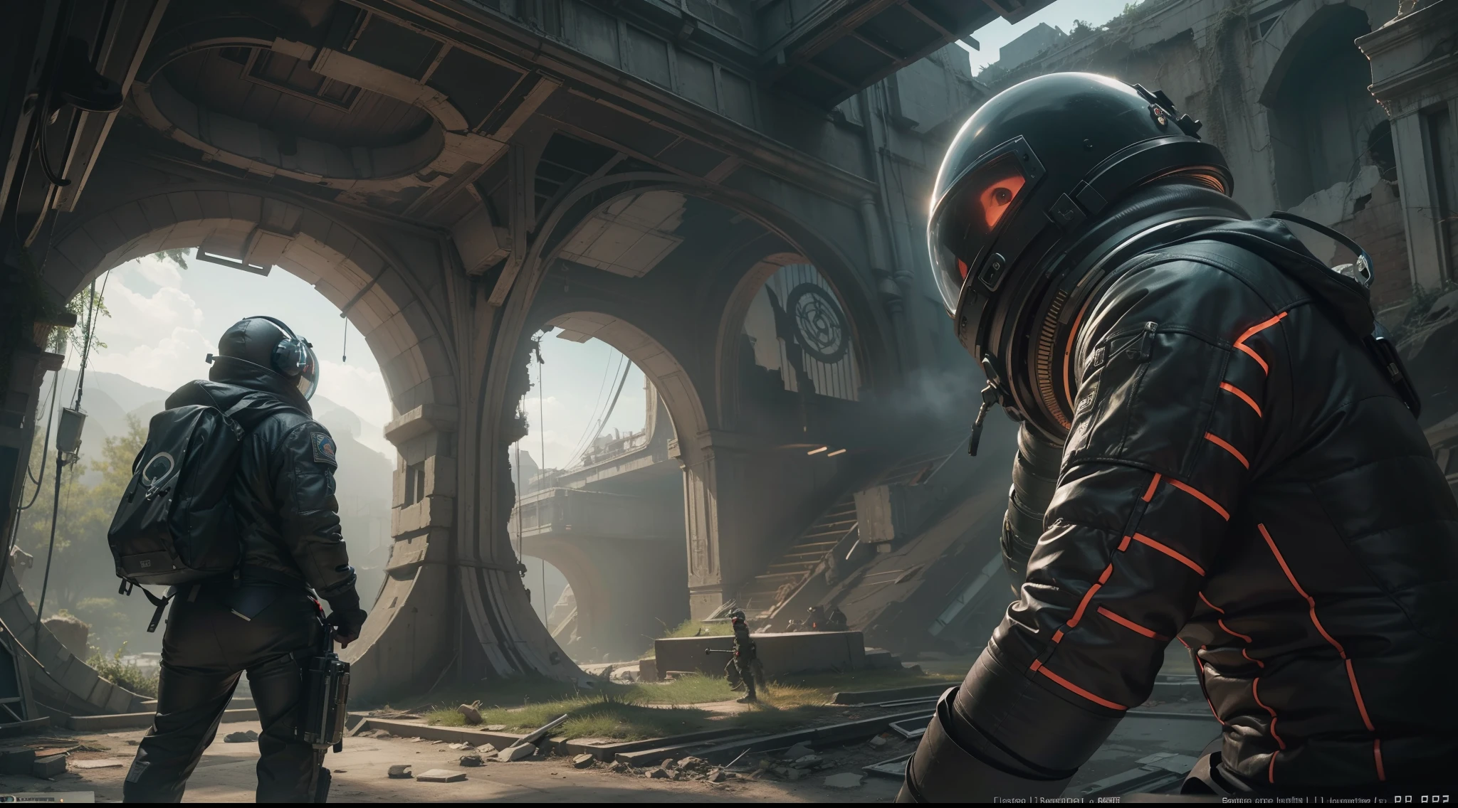 Astronauts are exploring the ruins of a futuristic city. The scene was full of anticipation and mystery. Perspective Overlook The scene is full of intricate details, Show off cinematic style ，surrealism, hyper photorealism, Chiaroscuro, Depth of field, JPEG artifacts, Wide shot, Perspective, Atmospheric perspective, in a panoramic view, Lens flare, hyper HD, Masterpiece, ccurate，Cthulhu style，Dark style，Game Diablo 4 art style，The time is evening