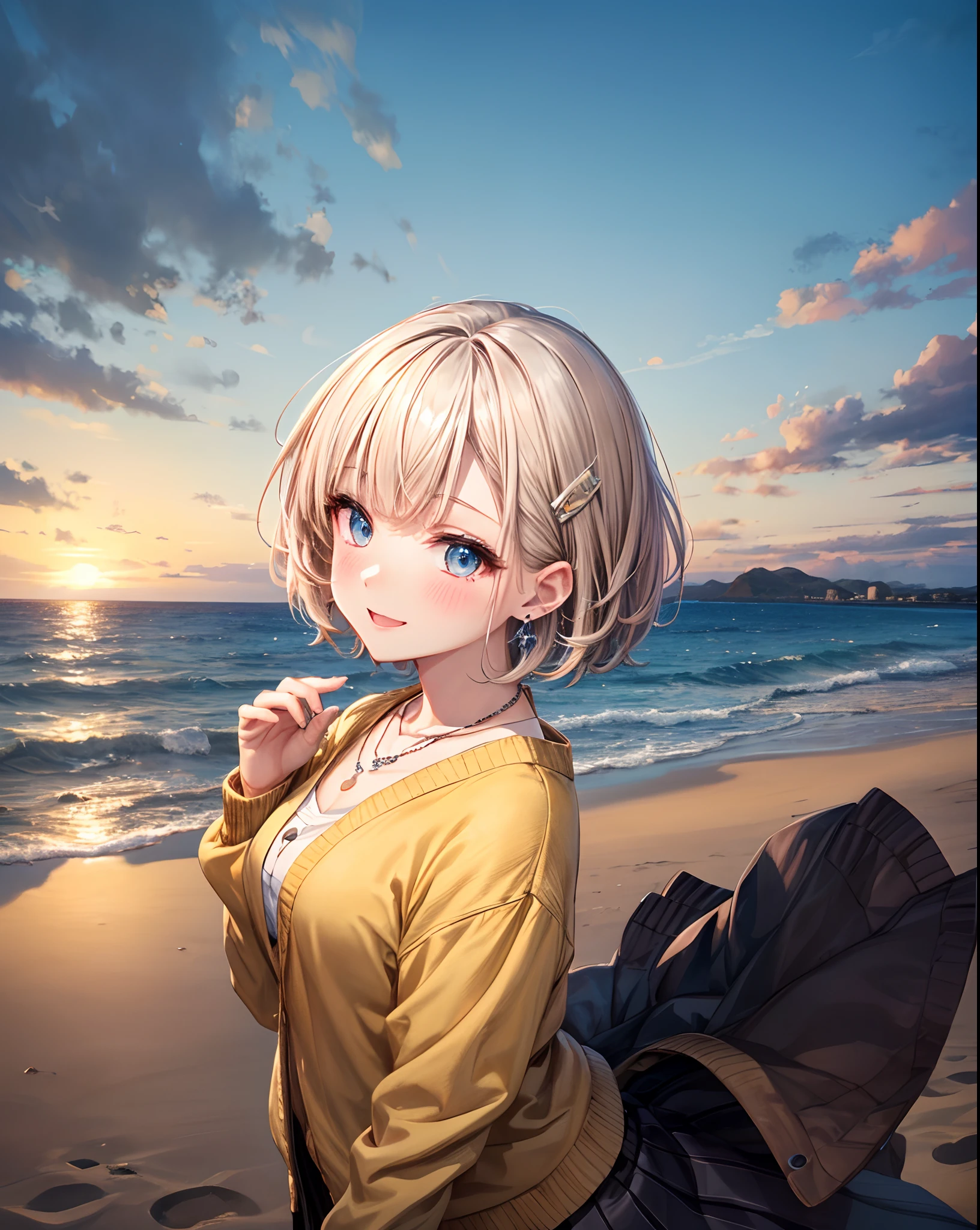 absurderes, (独奏:1.5,)ultra-detailliert,bright colour, extremely beautiful detailed anime face and eyes, view straight on, ;D, shiny_skin,25 years old, Short hair, , asymmetrical bangs, Blonde hair with short twin tails, Shiny hair, Delicate beautiful face, red blush、(Blue eyes), White skin, hair clips, earrings, a necklace, Cardigan, Clothes, Brown clothes,skirt by the、Mare、sand beach、evening