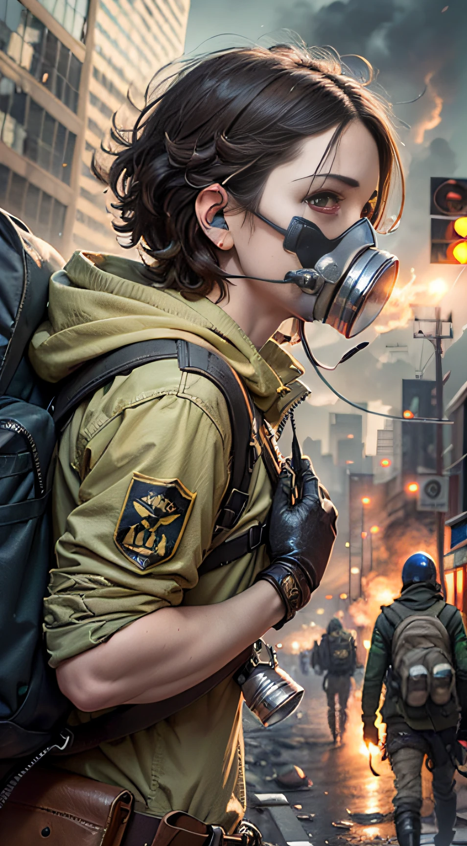 Post-apocalypse, wanderers, gas masks, life-saving gear, soft lights, explosions in the distance,