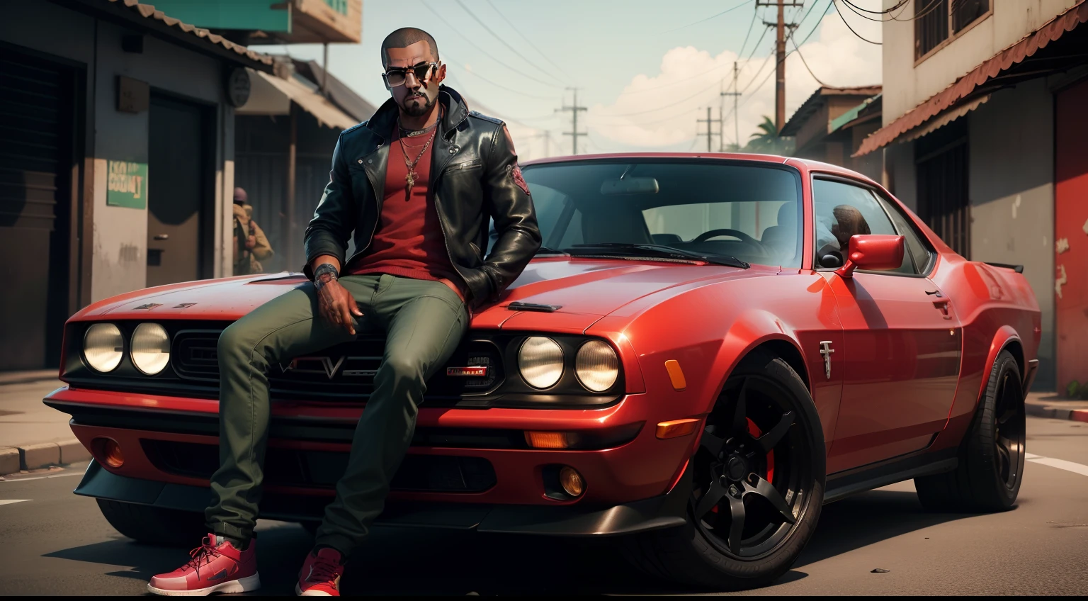 there is a man, gta personagem, Como o protagonista de GTA 5, gta v estilo, como um personagem gtav, Kanye West em GTA v, em gta v, gta5 estilo, gta v personagem, empunhando fuzil de assalto, Snoop Dogg em GTA V, gta 5 tom de pele negra, em GTA v, jaqueta vermelha,Fuzil AK-47, Fundo da favela do estilo brasileiro, e o personagem de cabelos vermelhos,Favela no Brasil, carro preto Dodge Challenger preto ,with Ak-47 rifle in hand, rifle in hands.