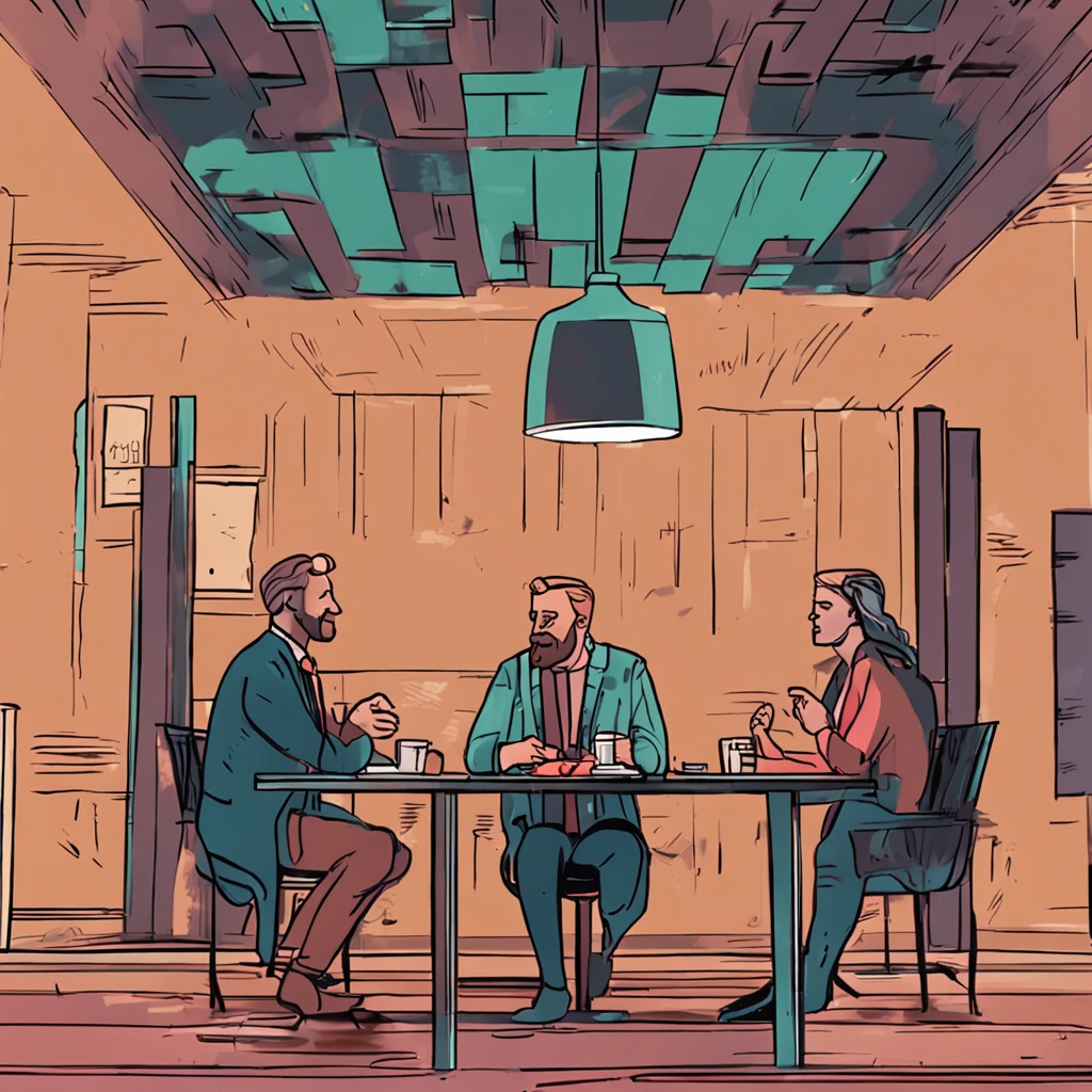 description: friends resolving disagreements by talking Features: two men a blond and a brunette Scenery: in a restaurant Action: expressing your opinions in a frank and respectful dialogue Quality: Foto ultra realista, qualidade 8k, fullhd