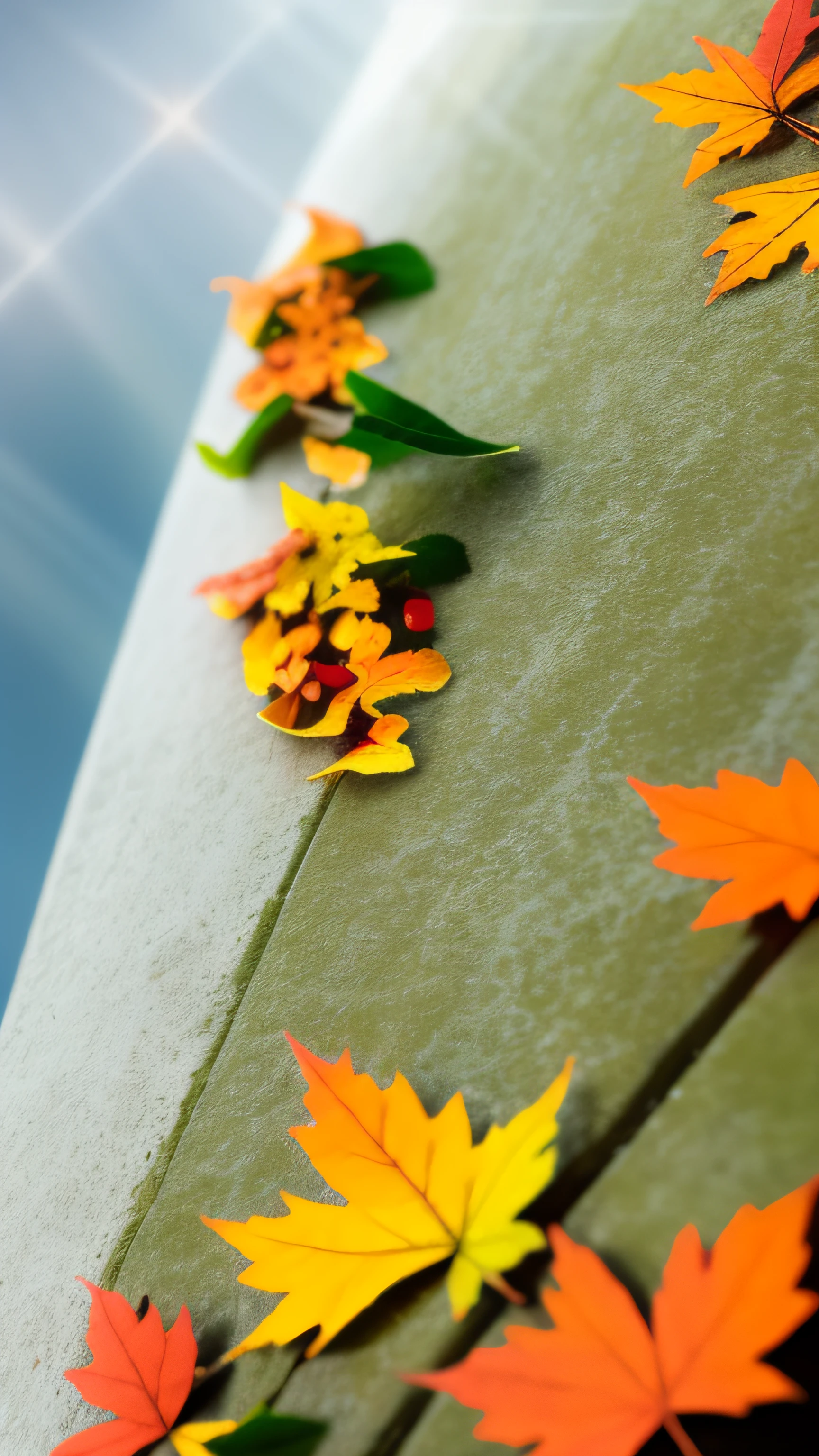 Autumn view,Scattered leaves,Water droplets scattered,Bright picture,blue-sky,Close-up partial shot,hdr,(Complicated details,ultra - detailed:1.2),cinematic photogtaphy,llight rays,shadowing,Textured,at centre,tmasterpiece,best qualityer,8K,insanely details,Complicated details,ultra - detailed,Super quality,high detal,ultra - detailed