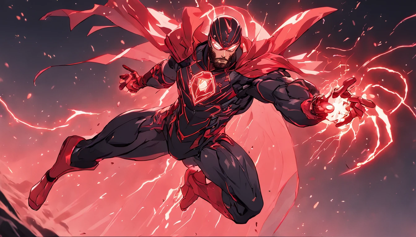 An intricate carbon and red Superhero in a cyber-suit, levitating in the air, extravagant carbon black silk Cape, no helmet, has long hair and a beard lasers red eyes, his super powers are strength and flight and can shoot lightning out of his hands, displaying a "T" logo on hid chest,surrounded by red lightning, extremely detailed suit, micro-details, photo-realism, one light, dark photo, deep shadows, shallow depth of field, photo-realistic, Surrealism, high quality, masterpiece, 8k, 8k, super detail, full body portrait, extremely muscular, no mask, no mask, no helmet
