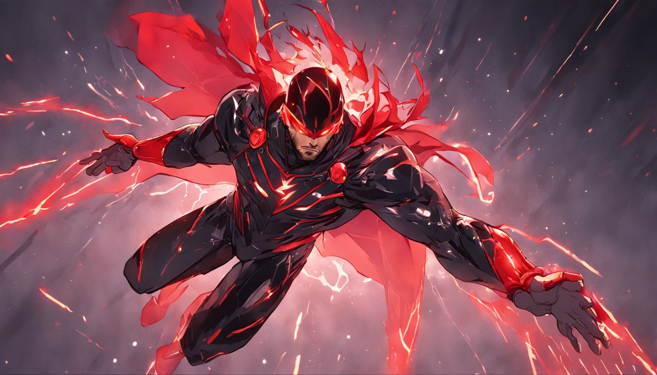 An intricate carbon and red Superhero in a cyber-suit, levitating in the air, extravagant carbon black silk Cape, no helmet, has long hair and a beard lasers red eyes, his super powers are strength and flight and can shoot lightning out of his hands, displaying a "T" logo on hid chest,surrounded by red lightning, extremely detailed suit, micro-details, photo-realism, one light, dark photo, deep shadows, shallow depth of field, photo-realistic, Surrealism, high quality, masterpiece, 8k, 8k, super detail, full body portrait, extremely muscular, no mask, no mask, no helmet