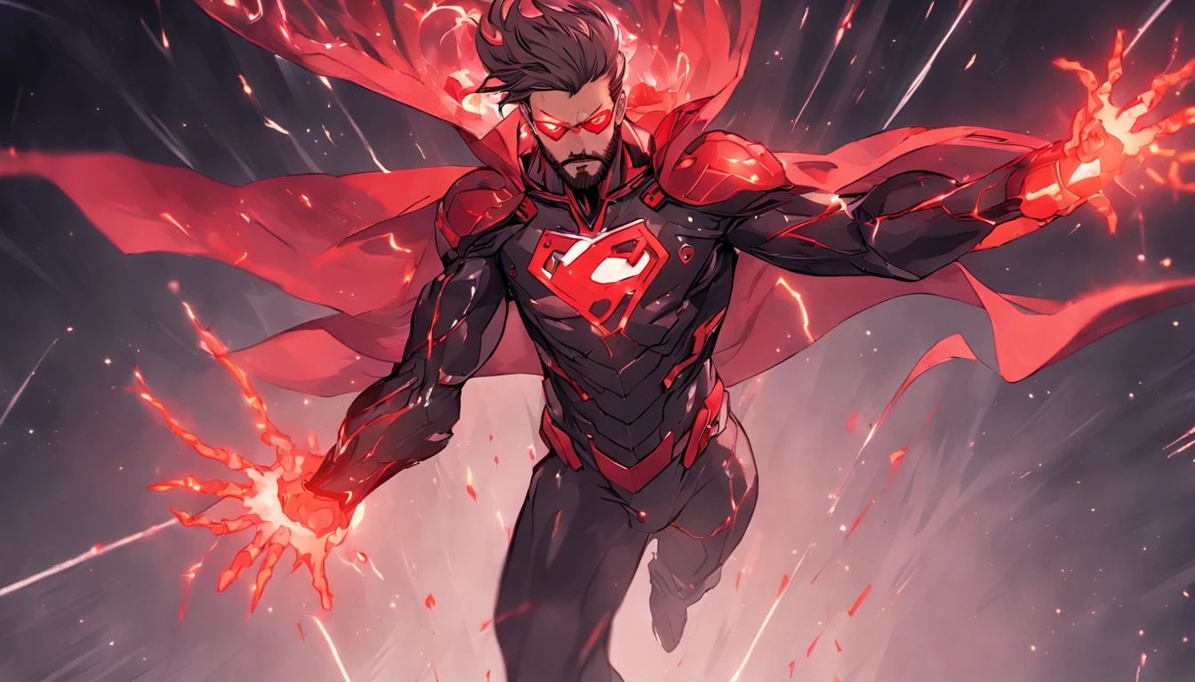 An intricate carbon and red Superhero in a cyber-suit, levitating in the air, extravagant carbon black silk Cape, no helmet, has long hair and a beard lasers red eyes, his super powers are strength and flight and can shoot lightning out of his hands, displaying a "T" logo on hid chest,surrounded by red lightning, extremely detailed suit, micro-details, photo-realism, one light, dark photo, deep shadows, shallow depth of field, photo-realistic, Surrealism, high quality, masterpiece, 8k, 8k, super detail, full body portrait, extremely muscular, no mask, no mask, no helmet