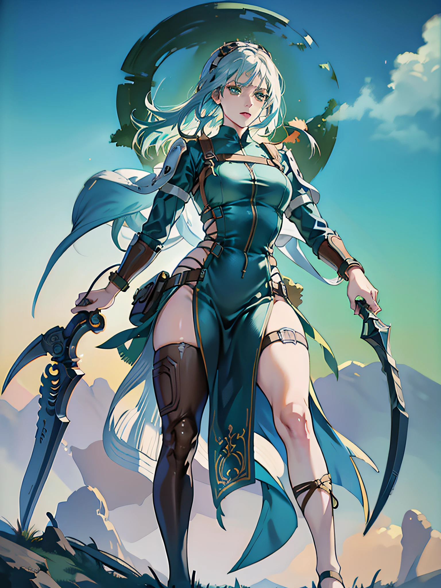 'Claymore, Claire, anime, brown skin, full body, moving mode, blue hair, green eyes, trending on artstation, deviantart, concept art, trending on artstation, digital painting, digital illustration, extreme detail, digital art, 4k, ultra hd, in Hueco Mondo.'