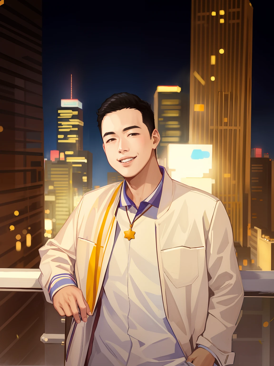arafed man standing on a balcony with a city skyline in the background, david luong, darren quach, damien tran, thawan duchanee, kevin hou, steve zheng, jeremy cheung, bao pham, nivanh chanthara, christopher cao, peter xiao, hoang long ly, reuben wu, andrew thomas huang