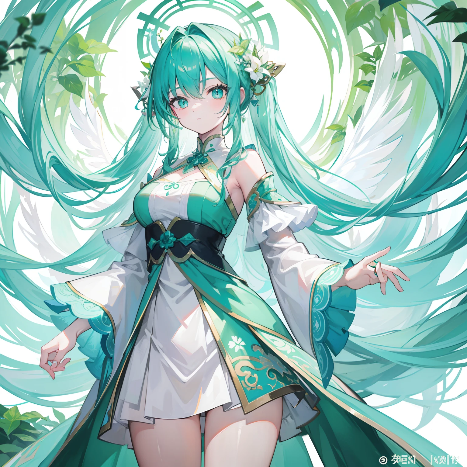 A titled Douluo with multiple green soul rings,It's a beautiful sister,Turquoise and emerald white color scheme,Known as the plant fairy