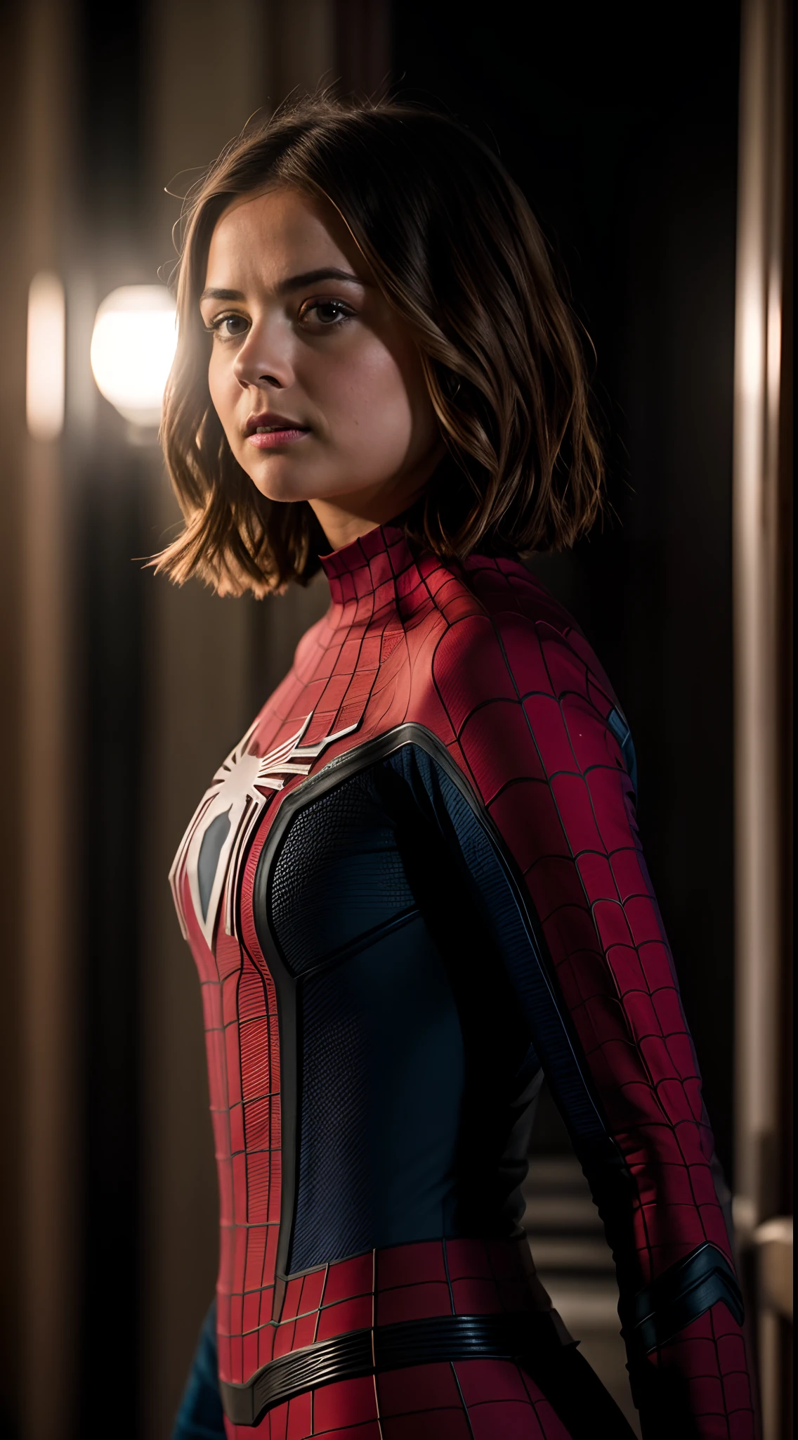 RAW photo, jenna coleman as spider-man, (high detailed skin:1.2), 8k uhd, dslr, soft lighting, high quality, film grain, Fujifilm XT3