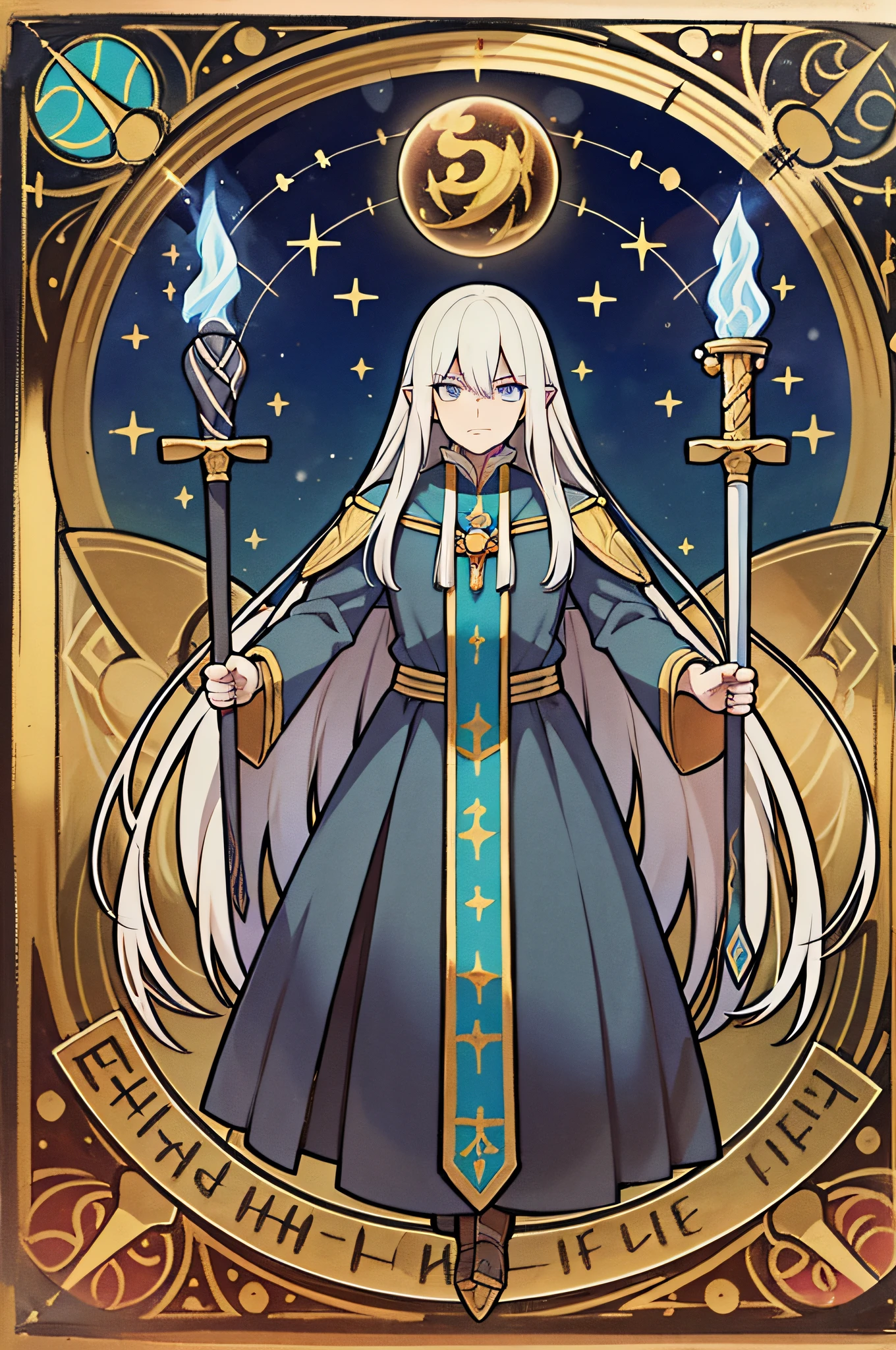a powerful wizard, concentrating a great sphere of enery in his hands,  by bestiary_style, masterpiece, best quality, levitation, perfect arms, perfect hands, high detailed hands, best quality hands, perfect fingers, conjuring pose, ritual, long hair, Saruman, You Shall Not Pass pose, wizard staff