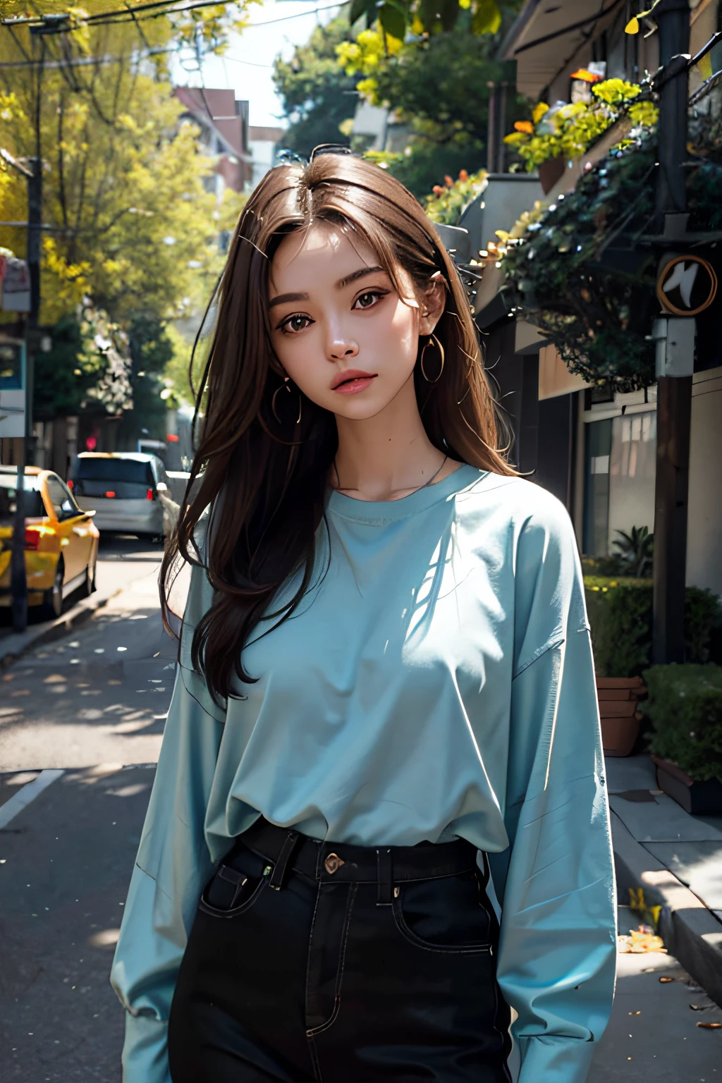 A 20-year-old woman， brunette color hair， long whitr hair，Extra-long，（High top fade in and out：1.3）， dark themes， Soothing shades， pastelcolor， hight contrast， （Natural skin texture， ultra-realistic realism， the soft light， sharp）， exposure blend， Medium beat， bokeh， （HDR：1.4）， hight contrast， （cinematic ligh、Teal and orange：0.85）， （pastelcolor， dull colors， soothing tones：1.3）， low-saturation， （hyper-detailing：1.2）， （black in color：0.4）