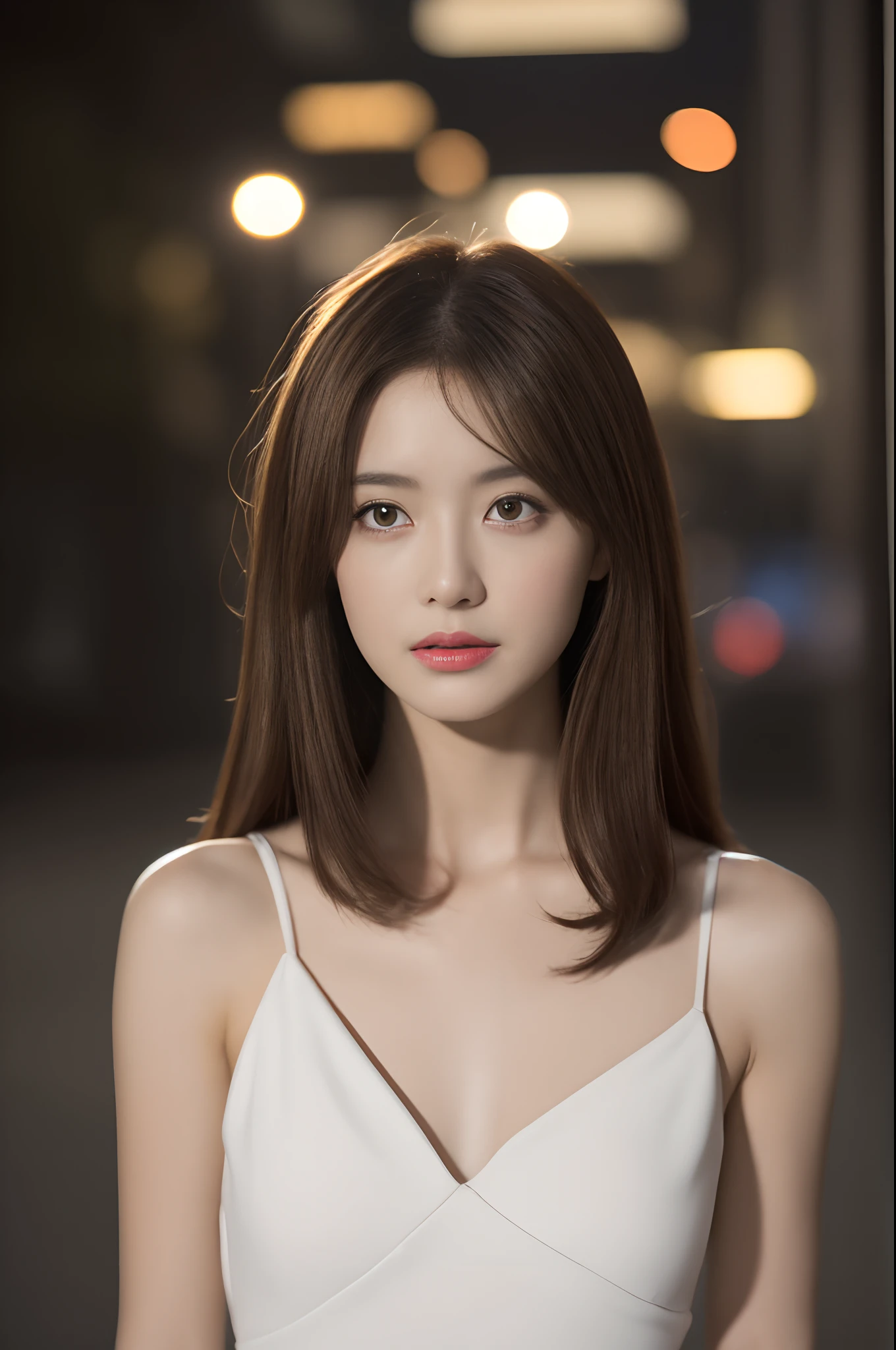 ((Realistic lighting, Best quality, 8K, Masterpiece: 1.3)), Focus: 1.2, 1girl, Perfect Figure: 1.4, Slim Abs: 1.1, ((Dark brown hair)), (White dress: 1.4), (Outdoor, Night: 1.1), City streets, Super fine face, Fine eyes, Double eyelids,