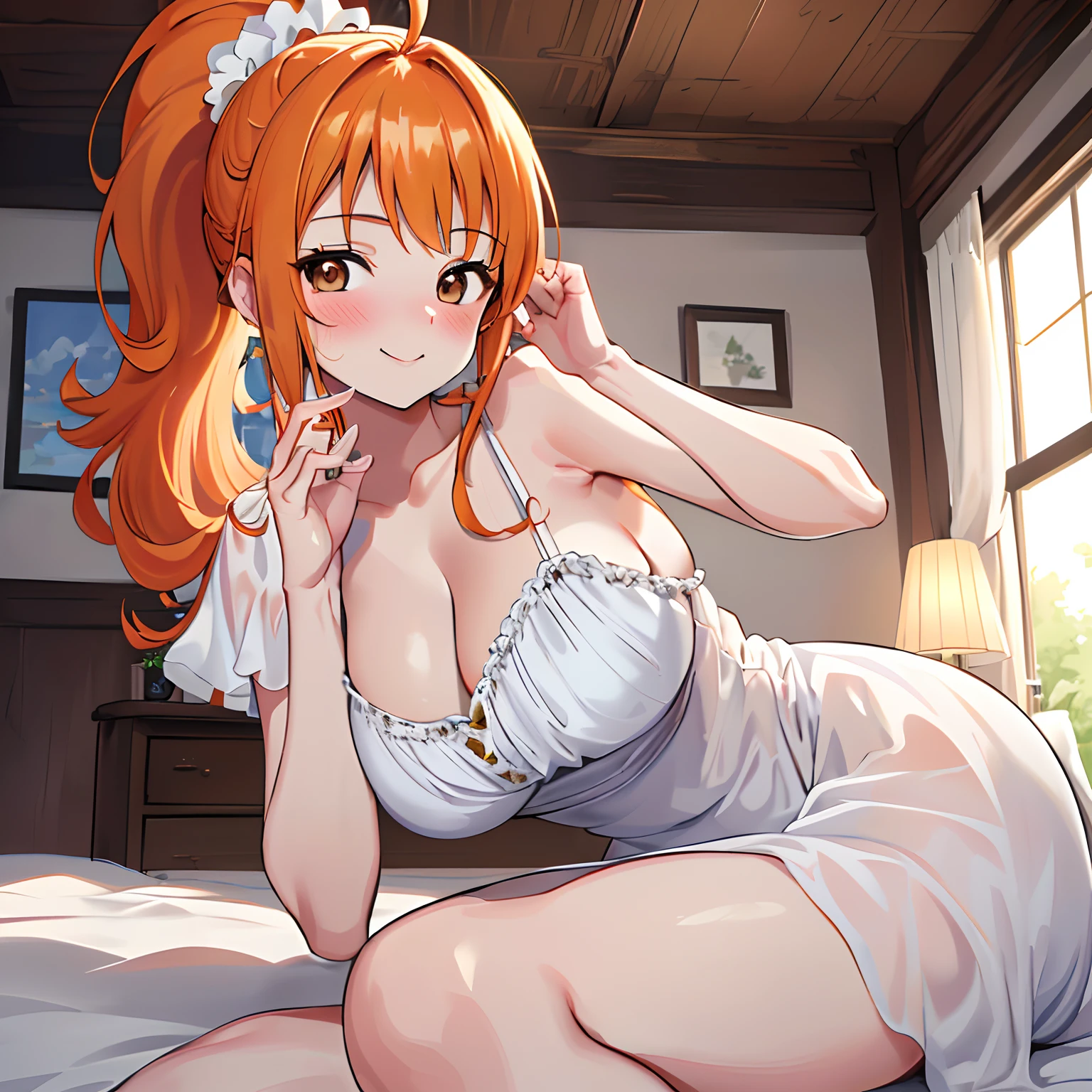 Masterpiece, Best Quality, Official Art, (Highly Detailed CG Unity 8k wallpaper), Detailed background, (Hands by Guido Daniele: 1.1), Feet out of frame, First person perspective, 1, Beautiful woman who is attractive and perfect, Lying on her back on the bed, (curvaceous), ((((Wake up: 1.14))), (Nightgown, underwear, white thighs: 1.12), (Long orange hair: 1.12) (Ahoge: 1.13), (High ponytail: 1.12), (brown eyes: 1.13), Look at the viewer, big, (cleavage), beautiful face, (Blush: 1.11), (Smile: 1.11)