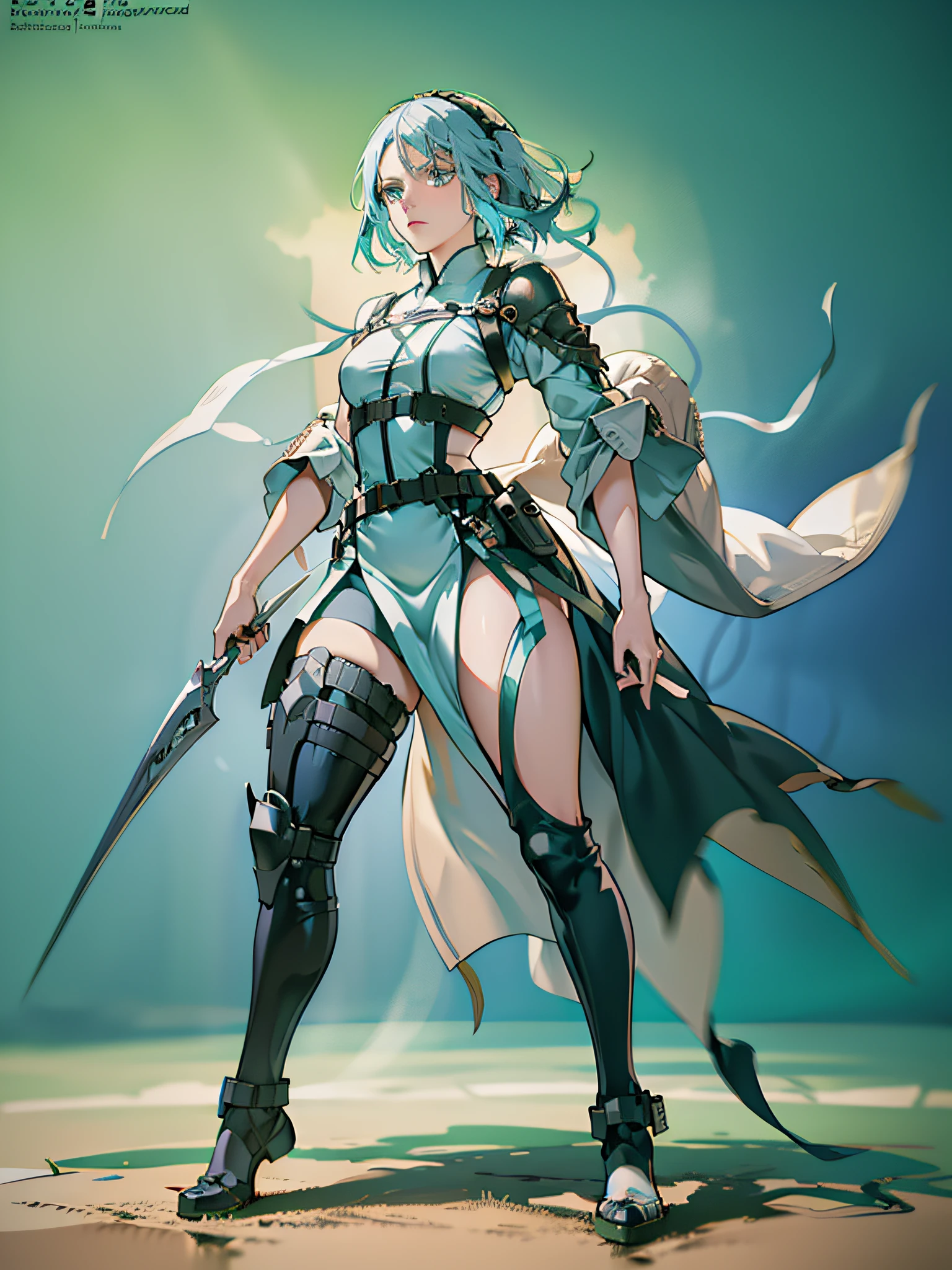 'Claymore, Claire, anime, brown skin, full body, moving mode, blue hair, green eyes, trending on artstation, deviantart, concept art, trending on artstation, digital painting, digital illustration, extreme detail, digital art, 4k, ultra hd, in Hueco Mondo.'