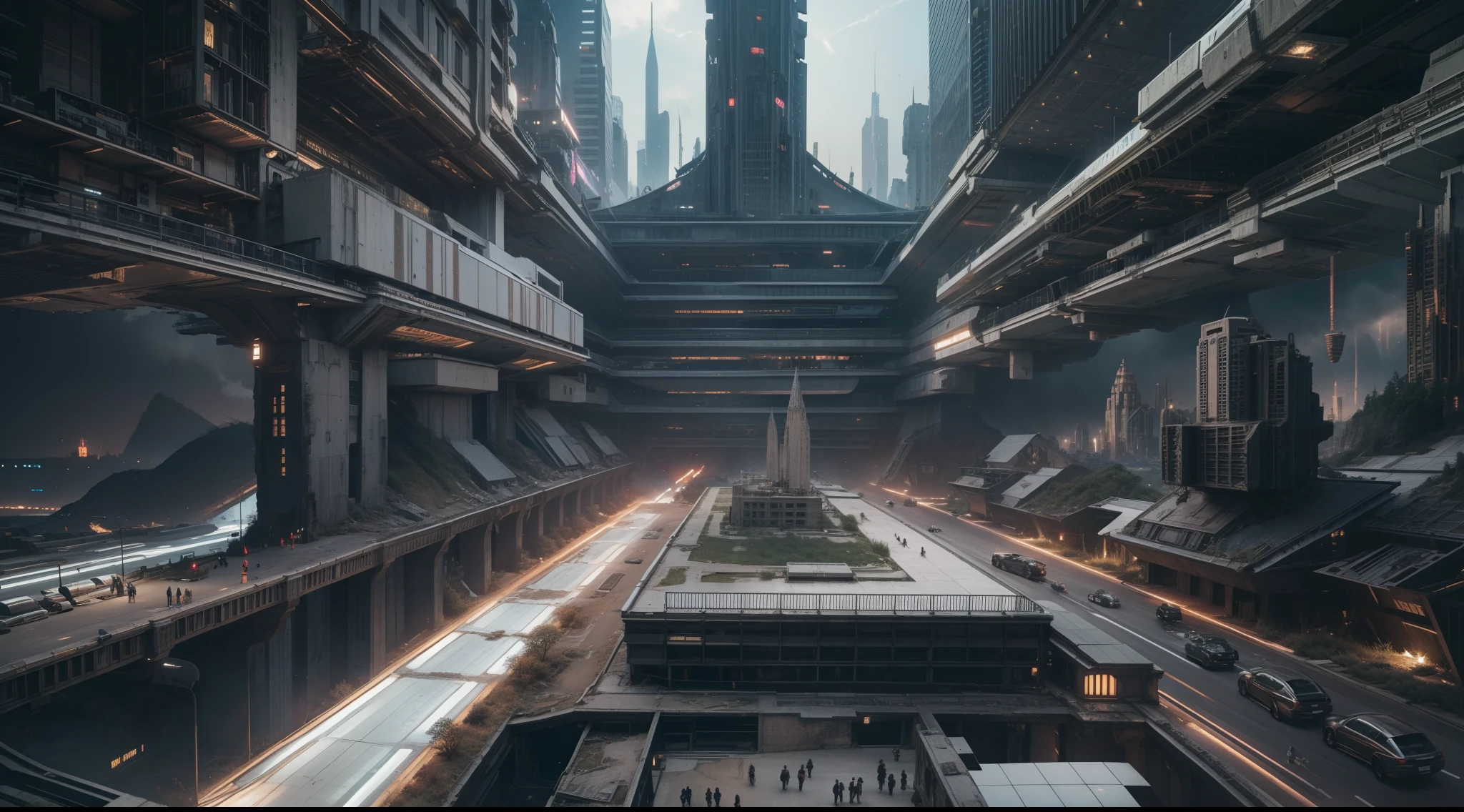 the night,Astronauts are exploring the ruins of a futuristic city. The scene was full of anticipation and mystery. Perspective Overlook The scene is full of intricate details, Show off cinematic style ,surrealism, hyper photorealism, Chiaroscuro, Depth of field, JPEG artifacts, Wide shot, Perspective, Atmospheric perspective, in a panoramic view, Lens flare, hyper HD, Masterpiece, ccurate