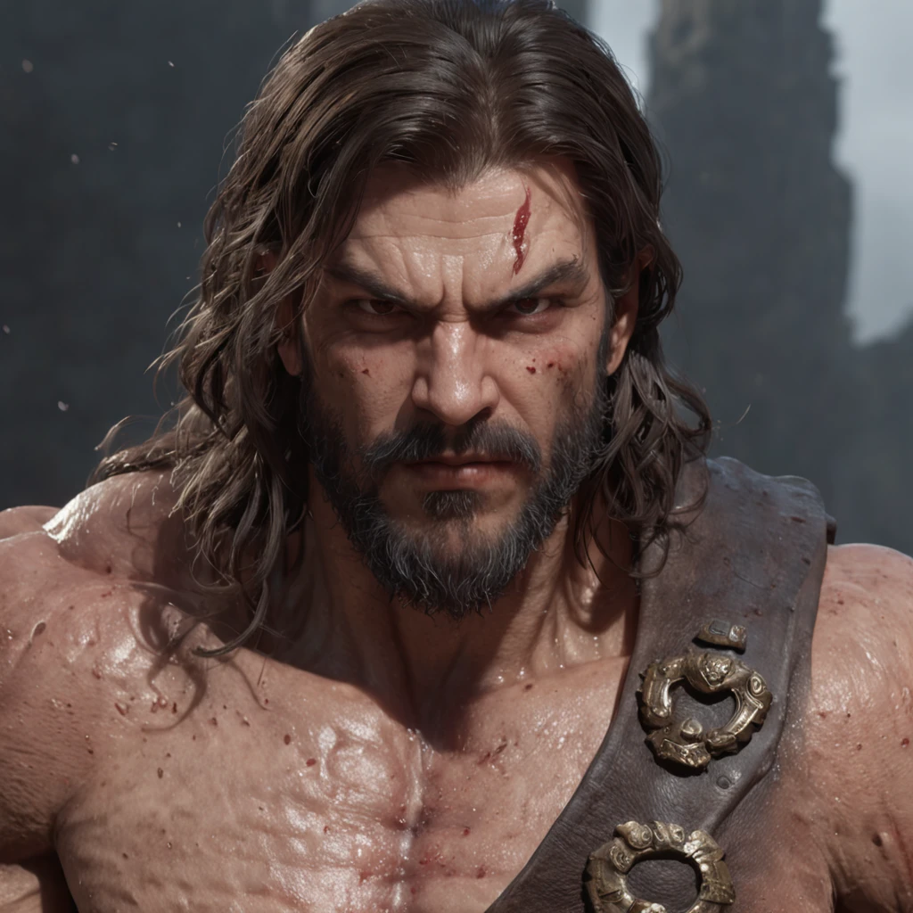 (professional 3d render:1.3) af (Realistic:1.3) most beautiful artwork photo in the world,Features soft and shiny male heroes, ((Epic hero fantasy muscle man rough wet hero angry looking long hair short beard and ferocious expression in dynamic pose, Fantastic location, Majestic cluttered environment)), Full body 8K unified rendering, action shot, skin pore, very dark lighting, heavyshading, Detailed, Detailed face, (vibrant, photograph realistic, Realistic, Dramatic, Dark, Sharp focus, 8K), (Old leather garments damaged by weathering:1.4), ((((Wear fur)))), (Intricate:1.4), decadent, (Highly detailed:1.4), Digital painting, rendering by octane, art stations, concept-art, smooth, Sharp focus, illustration, Art germ, (loish:0.23), wlop ilya kuvshinov, and greg rutkowski and alphonse mucha gracias, (Global illumination, Studio light, volumettic light), heavy rain, particles floating, lotr, fantasy, elf, full bodyesbian, ((Dark and ancient city background:1.3)),CGSesociety,art stations