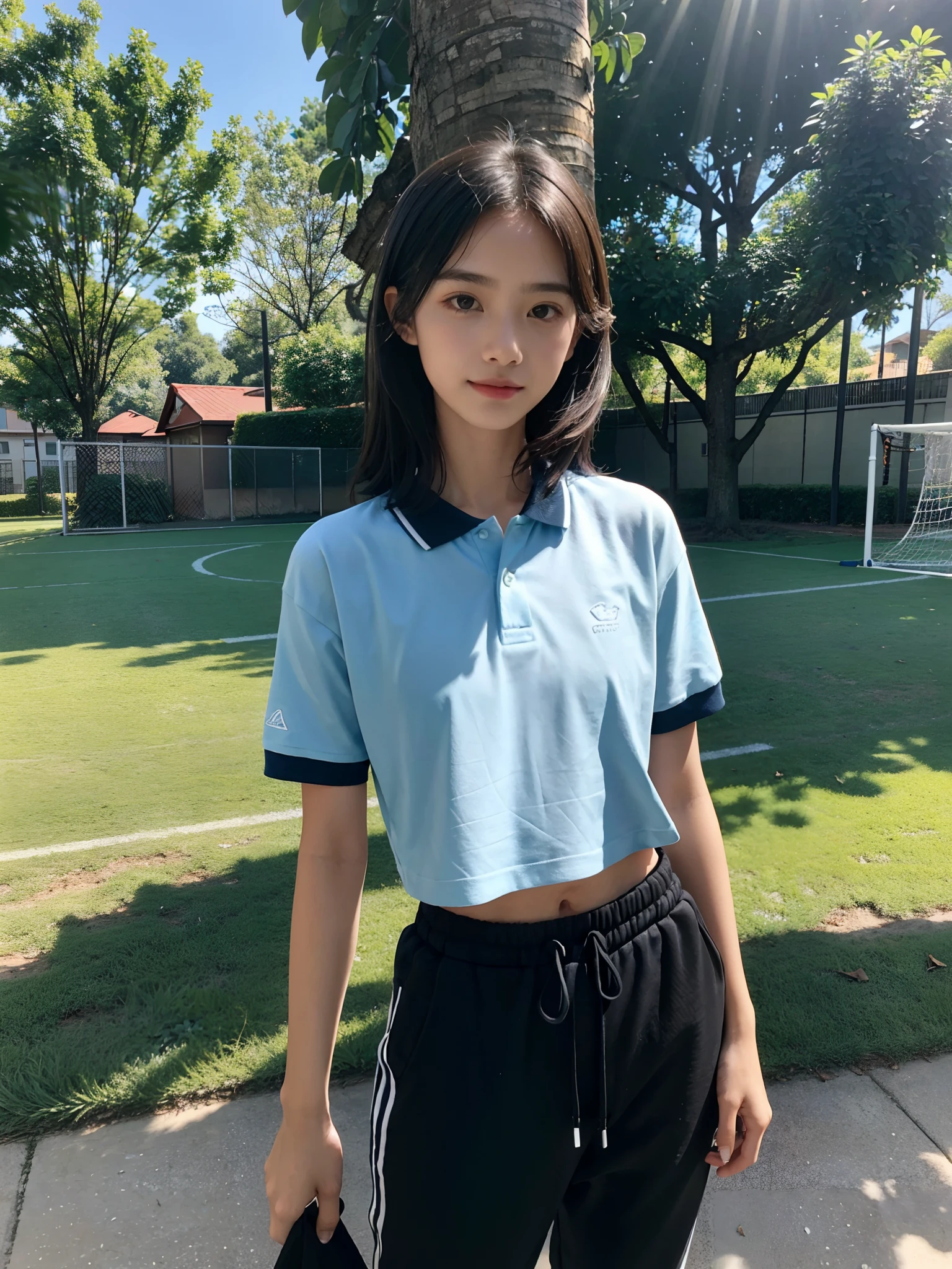 ((smallunderboob,Tomboyish,small heads)), (Well-defined abs: 1.1), (perfect bodies: 1.1), (short-length straighthair: 1.2), Black hair, fully body photo，White sneakers，（极其细致的CG 8k壁纸），（Extremely refined and beautiful），（tmasterpiece），（best qualtiy：1.0），（超A high resolution：1.0），beautiful light up，Perfect lightning，realistic shaded，[A high resolution]，Delicate skin，ultra - detailed ，Crowded，dense with greenery，In a school playground，Green football field，Red plastic runway，Afternoon sun，are standing，Wears a light blue short-sleeved polo shirt，Dark blue loose sweatpants，Hold the basketball in both hands，a little nice girl，Single photo，，elementary stSmall chest，flatchest，Slim and thin，Immature face，Not developed，ssmile，cheerfulness