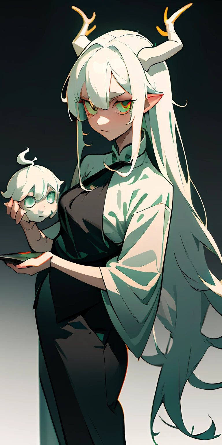 anime character with white chinese dragon white horns kind of light a antler and white hair that has a teal green gradient. Seductive older sister appearance. Golden eyes. Wears black and white bartender outfit. Long straight hair that is tied at the end. Hair bang around eye level and is cut with a straight edge.