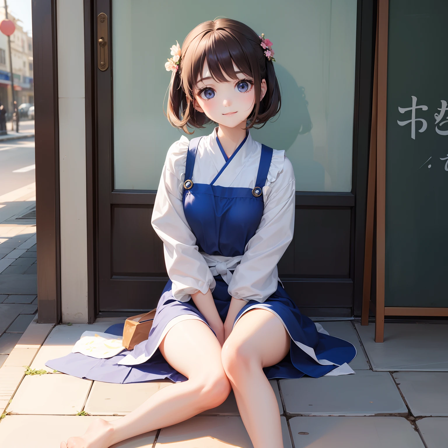 (beuaty girl, The face is delicate and fair,sat on the ground, Stick out your feet, Fair and slender feet)She smiled warmly,The feet are beautiful。
