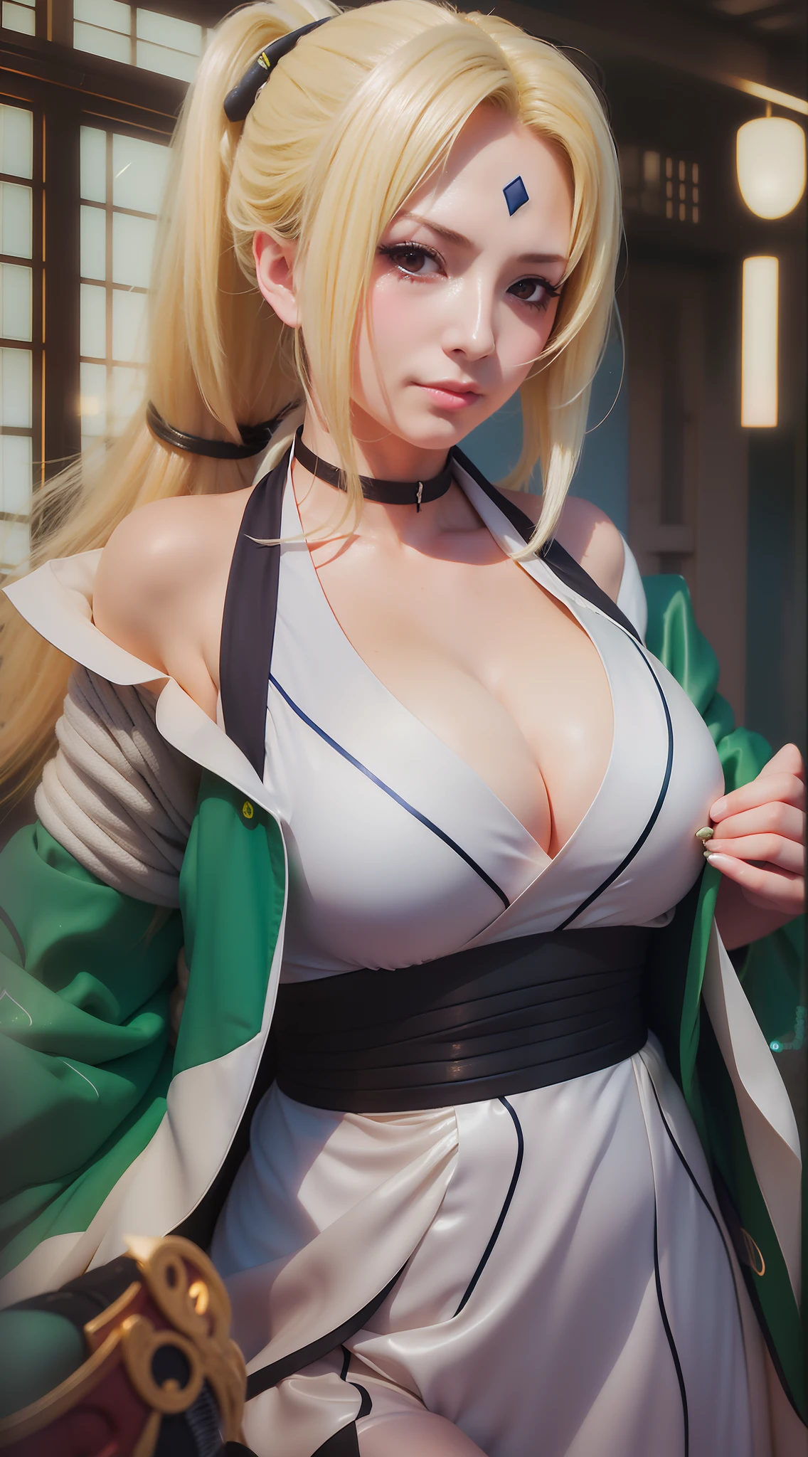 1girl, tsunade in anime naruto, long hair, sexy dress, yellow hair, yellow eyes, smile, beautiful, green and white clothes, very big breast, sexy clothes, realistic clothes, detail clothes, indoor background, ultra detail, realistic