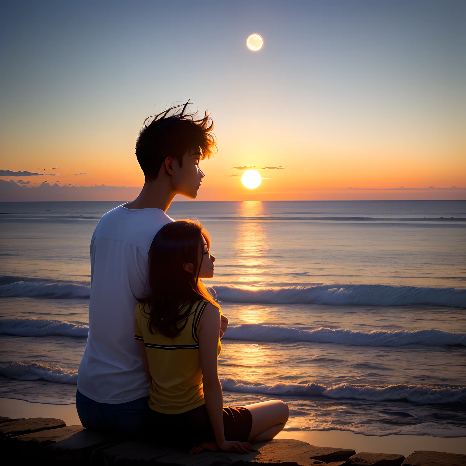 setting sun，hilltop，couple，moon full，the ocean