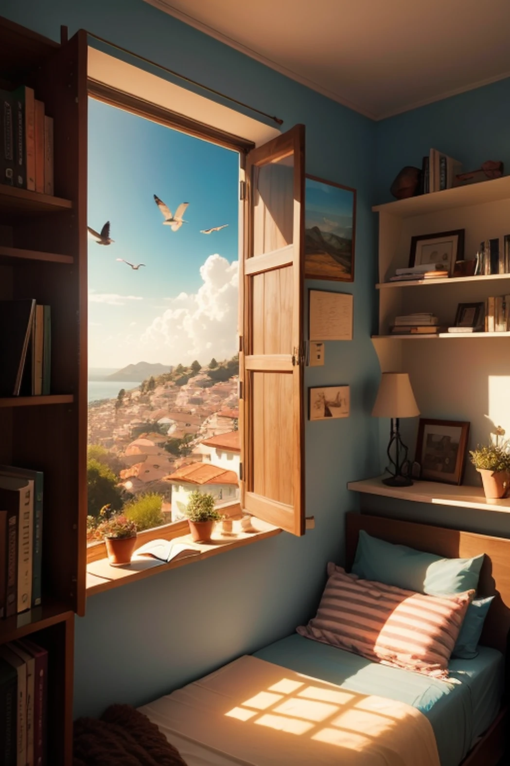 estou dentro do quarto, olhando a paisagem pela janela, On the shelf of the room has books and a chiara of coffee, do lado de fora da janela tem, montanhas, birds, heaven, um lindo amanhecer, pintura detalhada
